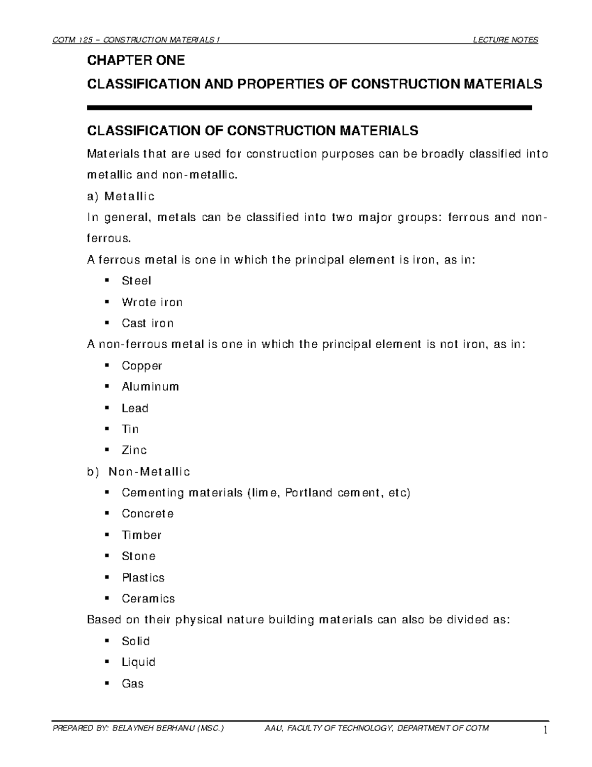 Materials I by - CHAPTER ONE CLASSIFICATION AND PROPERTIES OF ...