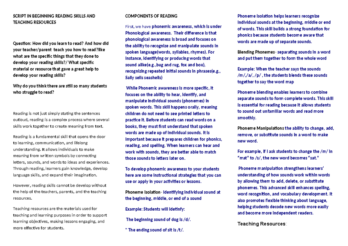 SCRIPT ON BEGINNING READING SKILLS & TEACHING RESOURCES - Studocu