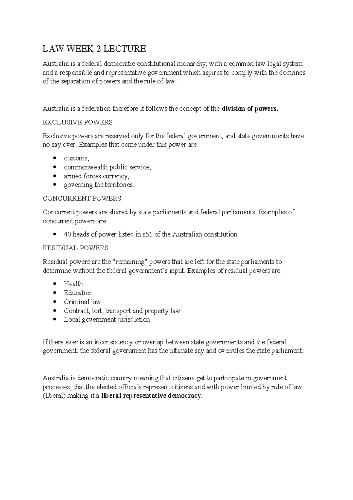 Law lecture week 2 - LAW WEEK 2 LECTURE Australia is a federal ...