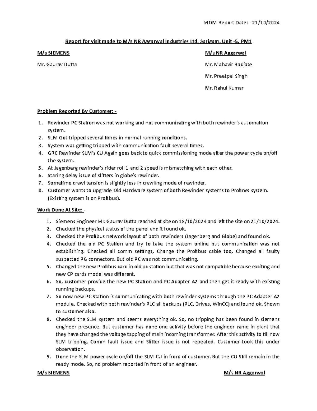 MOM Report for NR Aggarwal Industries Ltd - Visit Summary - Studocu