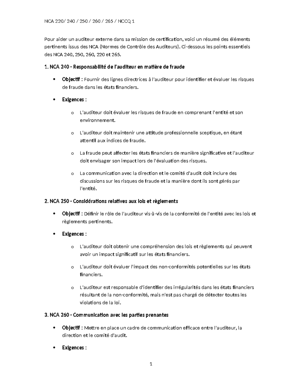 Résumé des NCA 240, 250, 260, 220, 265 pour Auditeurs (NCA 240^J 250^J ...