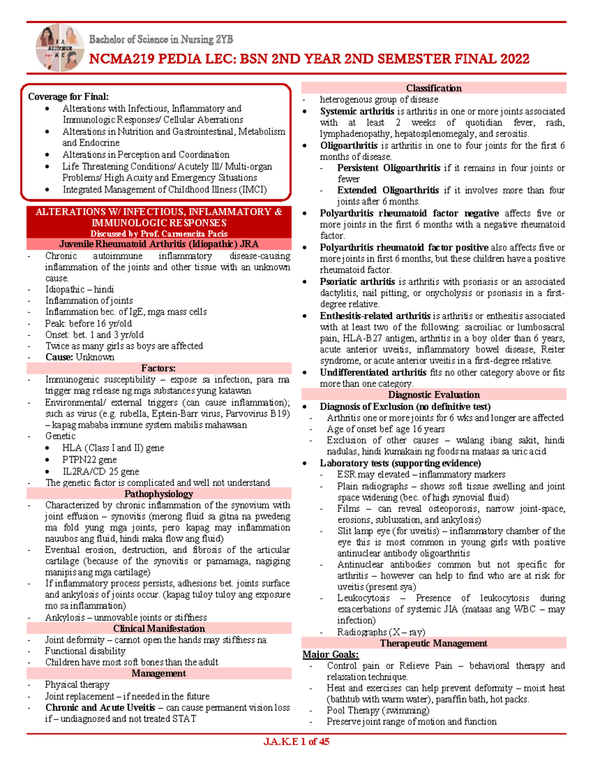 NCMA219 PEDIA LEC: BSN 2ND YEAR 2ND SEMESTER FINAL 2022 Coverage Notes ...