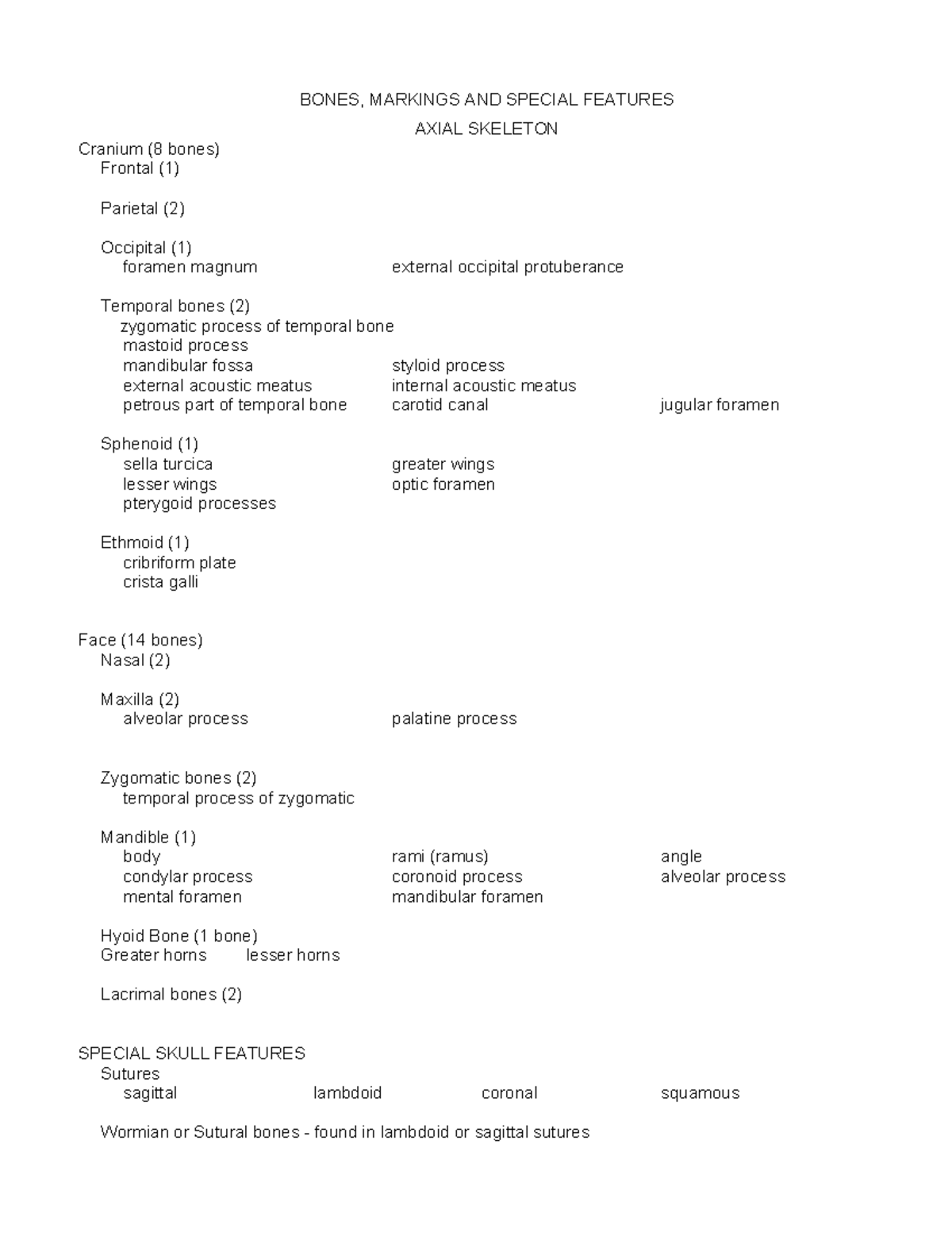 Axial Skeleton study guide -2 - BONES, MARKINGS AND SPECIAL FEATURES ...
