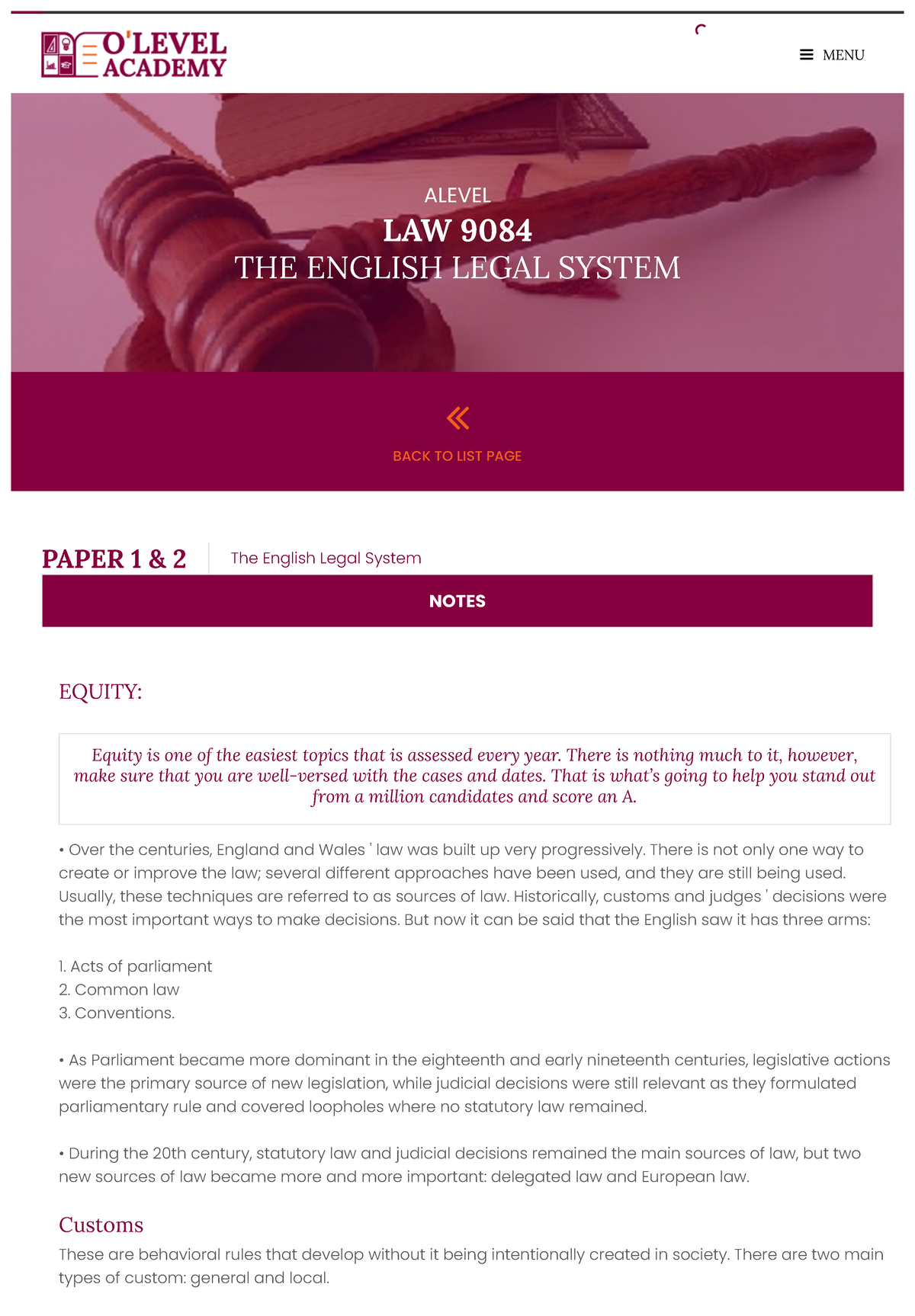 Common Law - Equity - PAPER 1 & 2 The English Legal System NOTES EQUITY ...