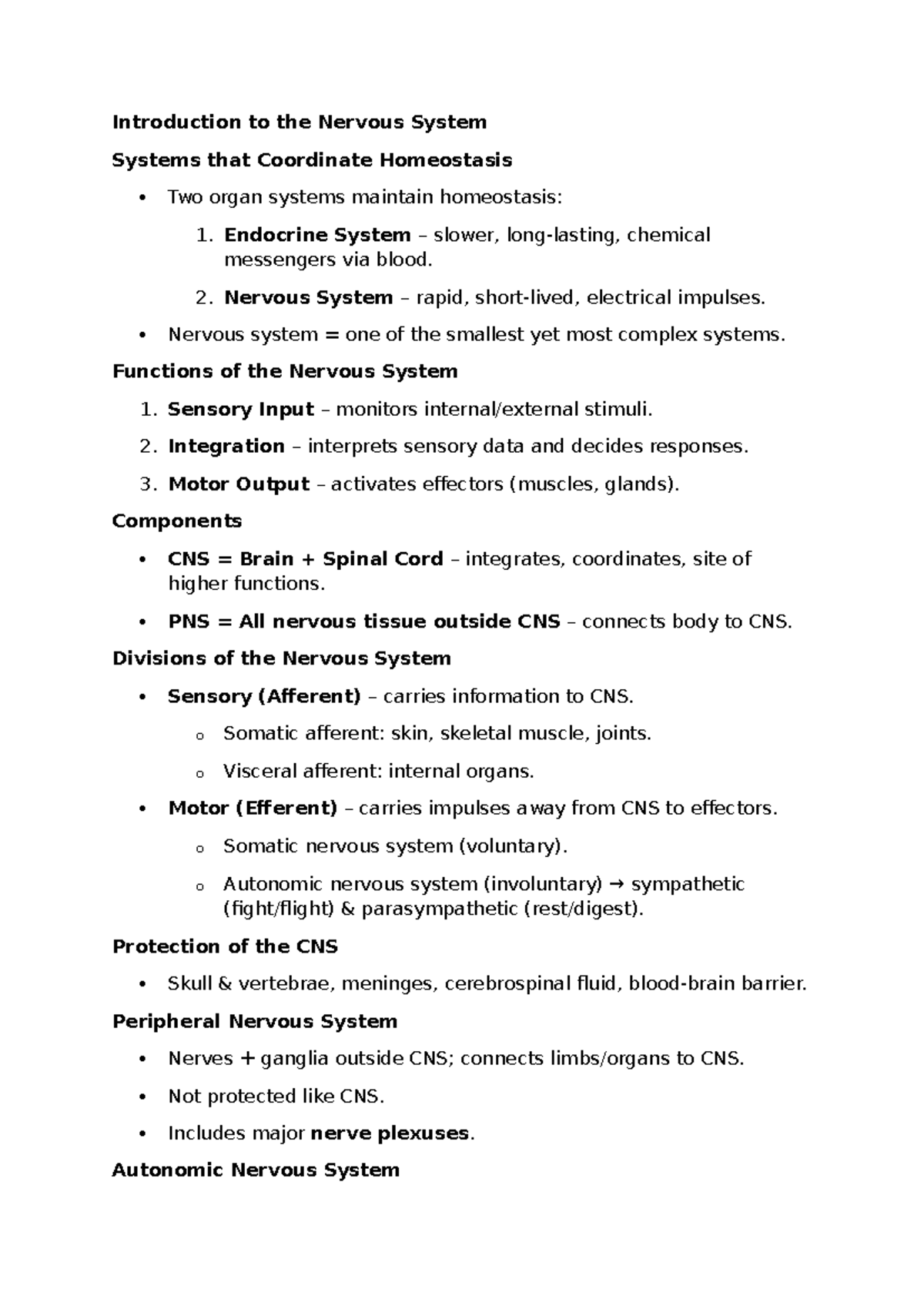 Week 3-5 Summary: Nervous System Overview and Special Senses - Studocu