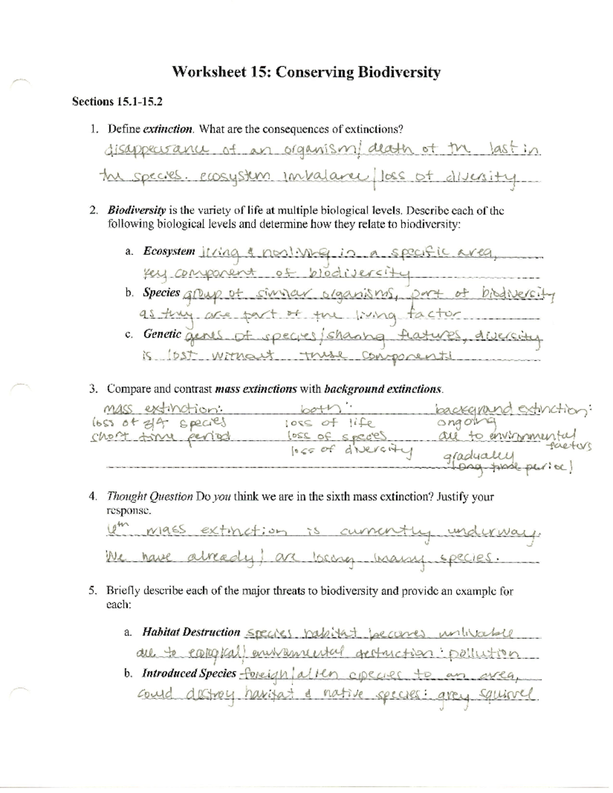 Biology Worksheet 15 - Understanding and Conserving Biodiversity - Studocu