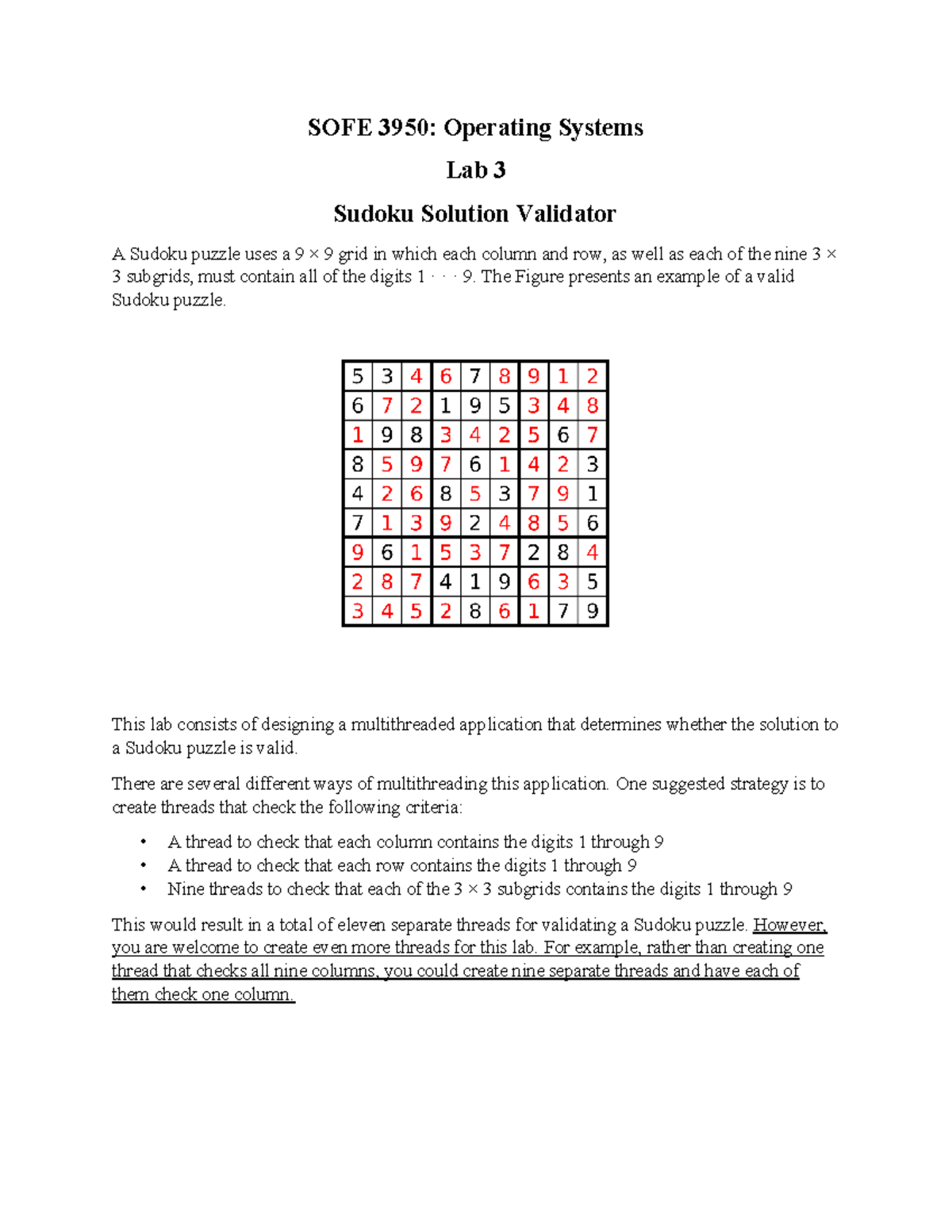 SOFE 3950: Lab 3 - Multithreaded Sudoku Validator Guide - Studocu