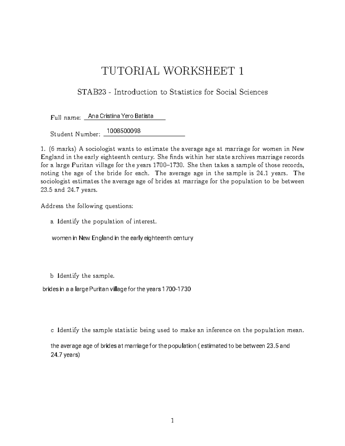 STAB23 - Tutorial Worksheet 1 on Statistics for Social Sciences - Studocu