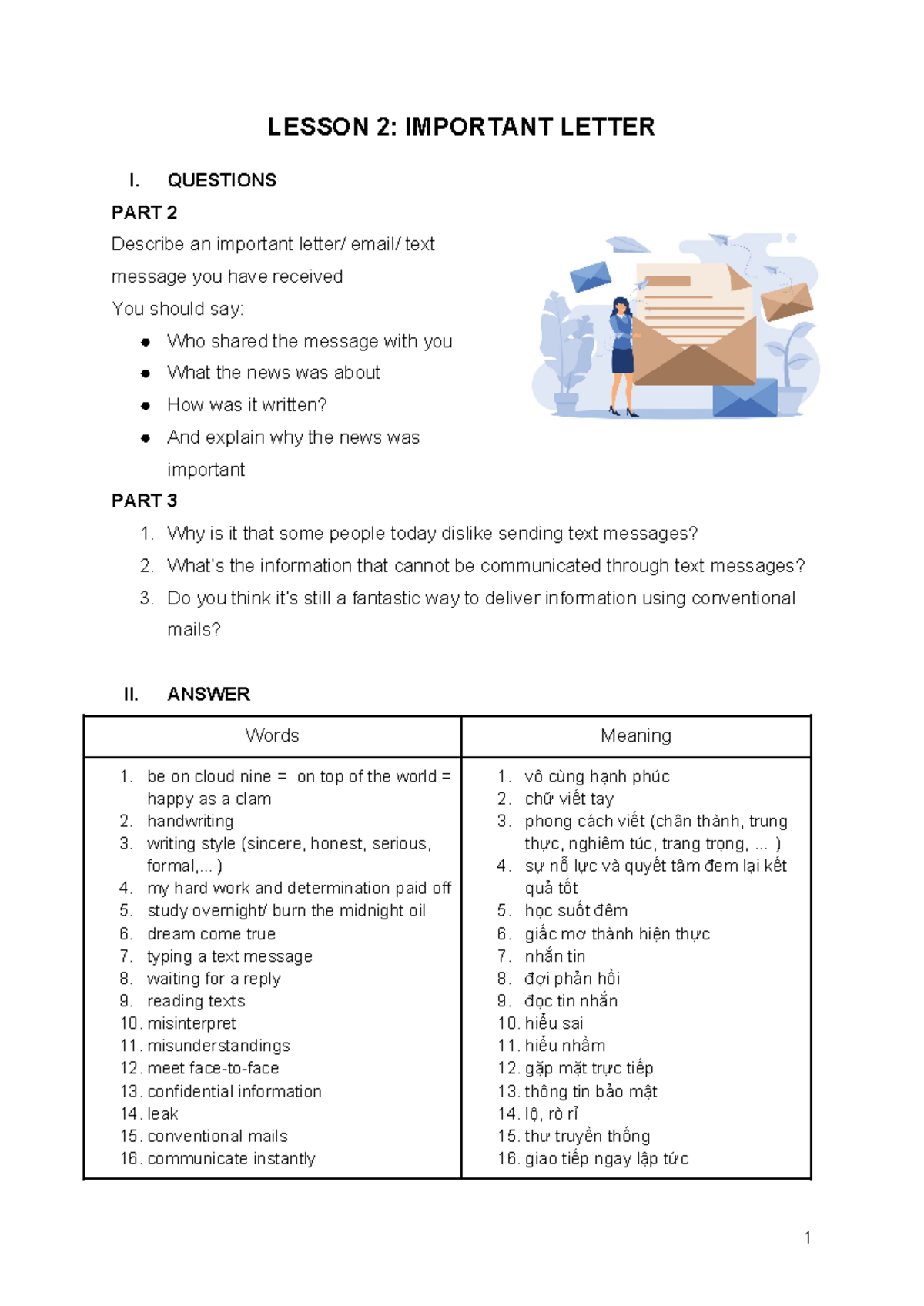 Lesson-2 - Important- Letter - LESSON 2: IMPORTANT LETTER I. QUESTIONS ...
