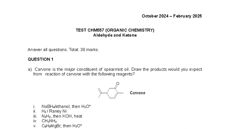 Test CHM557: Organic Chemistry Aldehyde & Ketone Exam Questions - Studocu