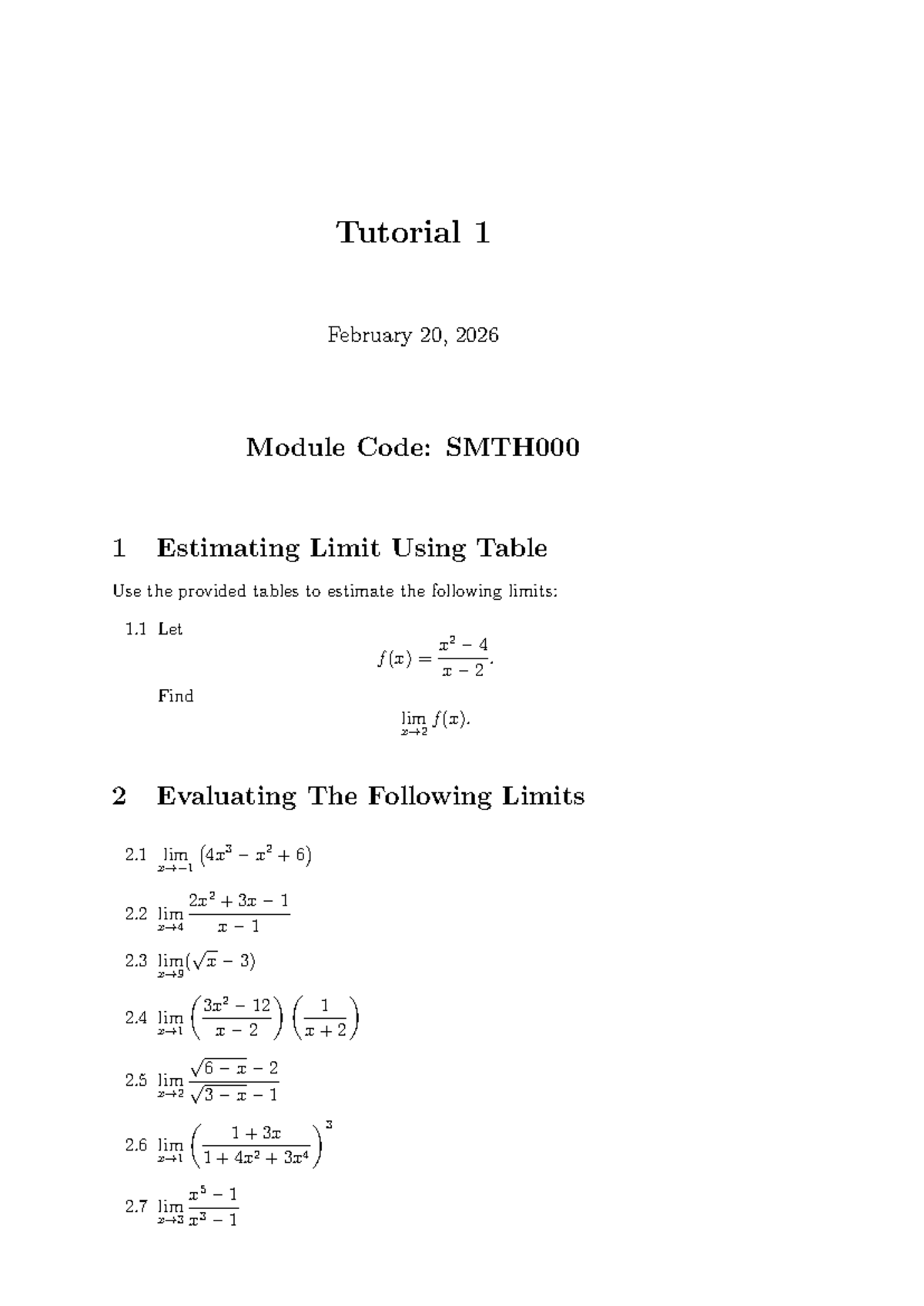 Tutorial 1 - Estimating Limits Using Tables (Module Code: 1) - Studocu