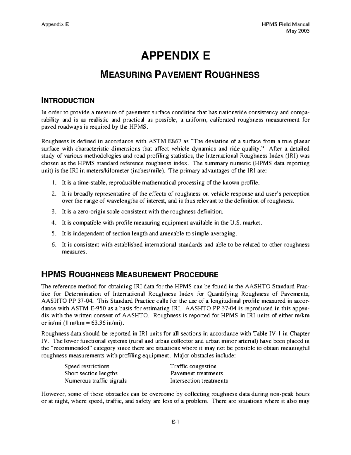 Measuring Pavement Roughness: HPMS Field Manual Appendix E - Studocu