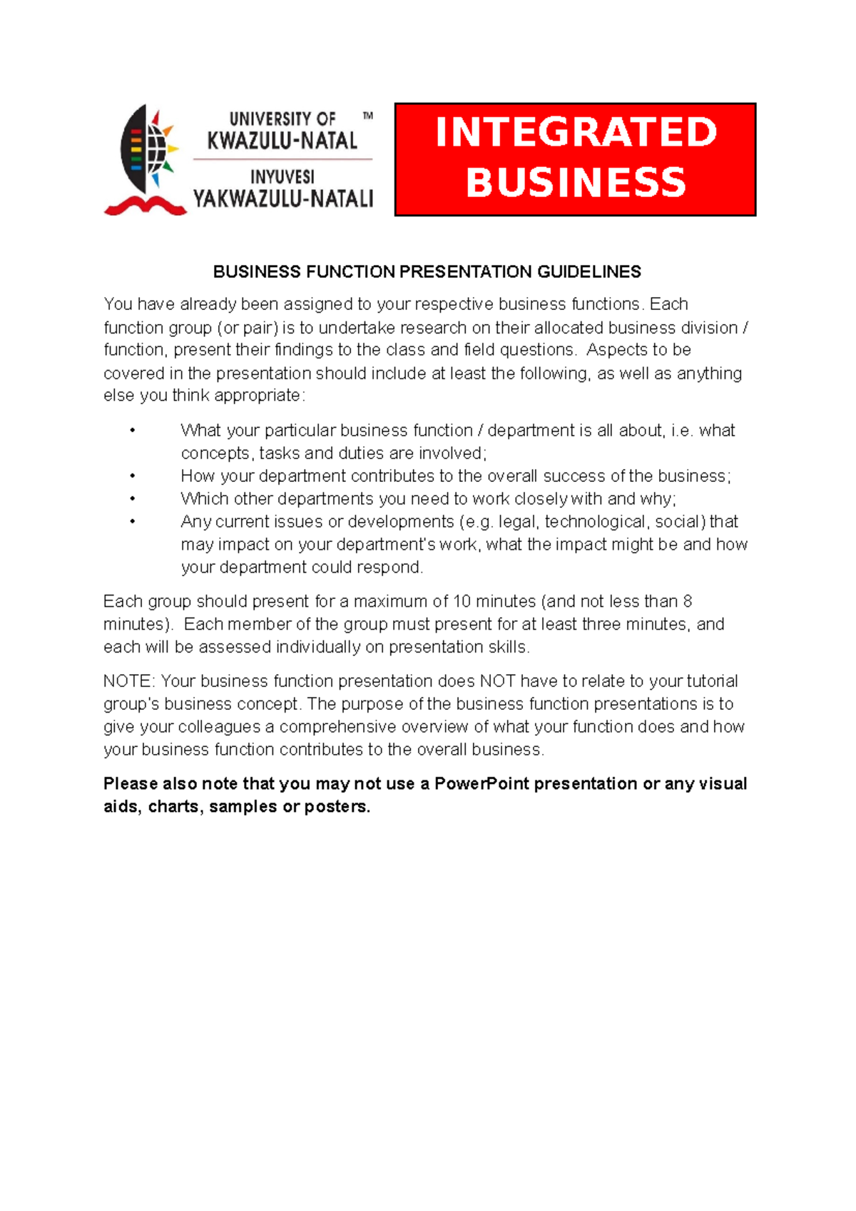 BUS 101 Business Function Presentation Guidelines - Studocu