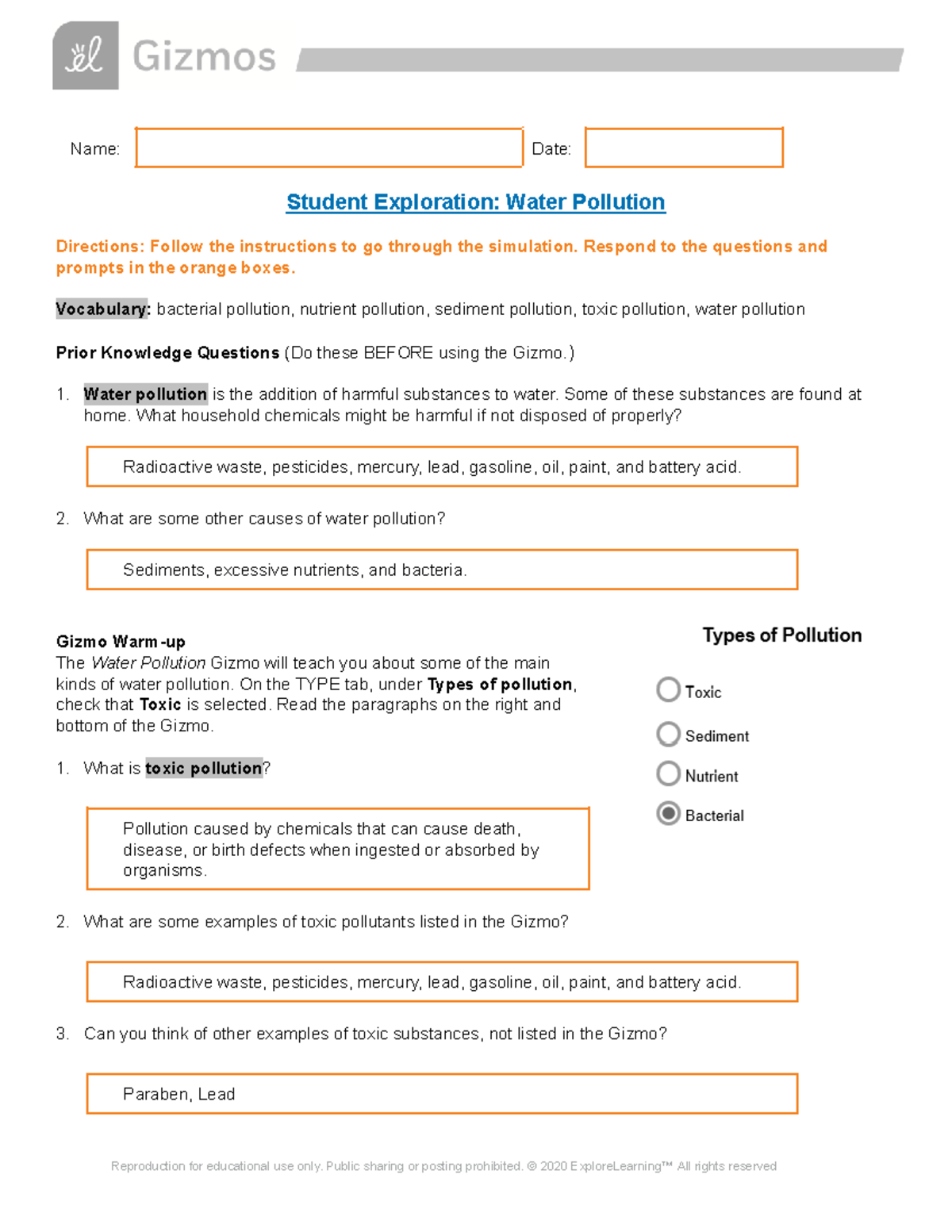 Gizmo Student Exploration: Water Pollution Answers - Name: Date 