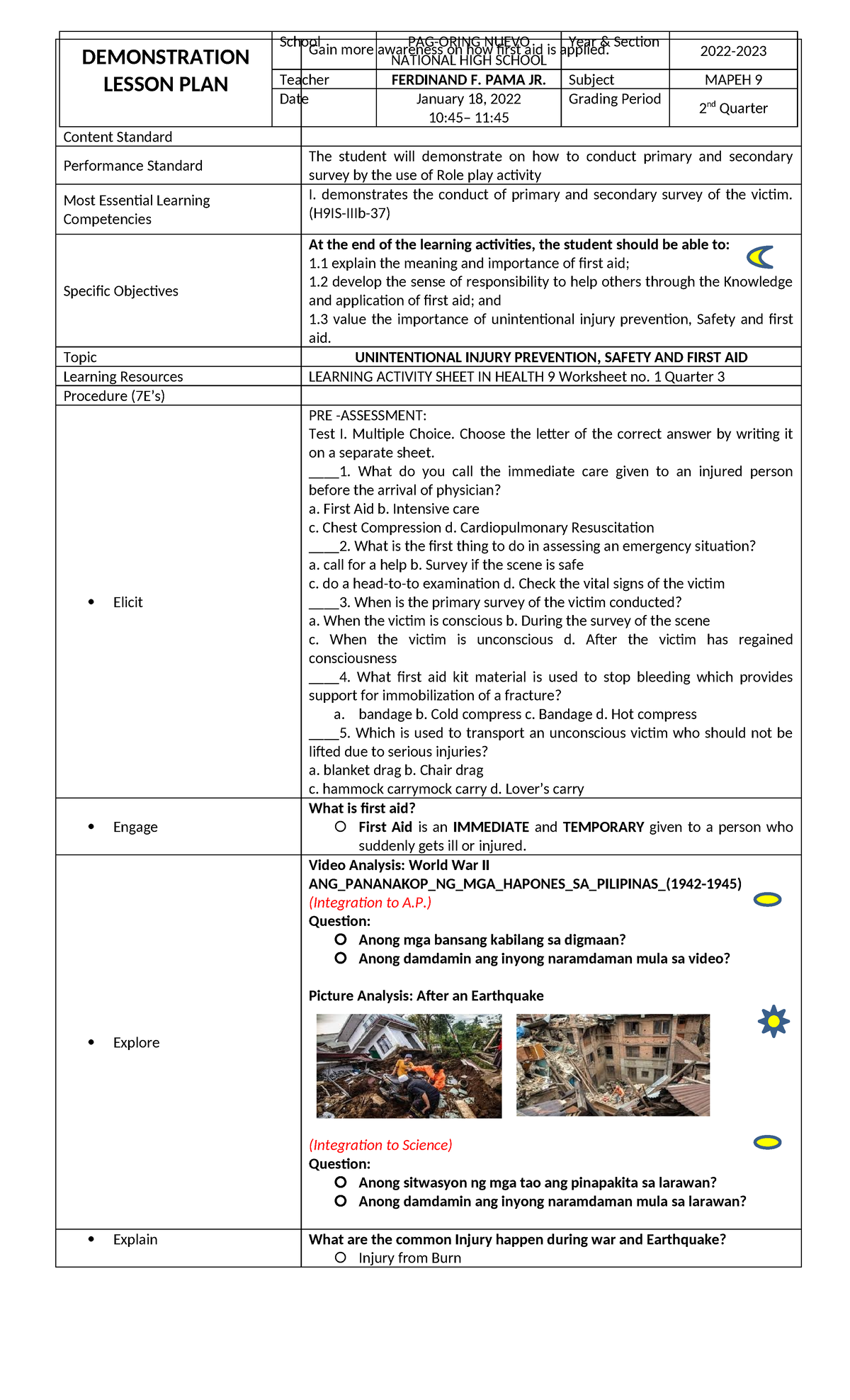 DLP MAPEH 9: First Aid and Unintentional Injury Prevention Lesson Plan ...