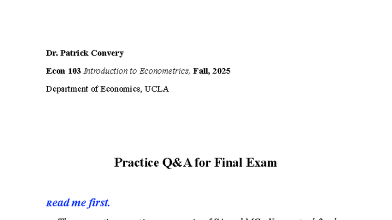Practice Q&A for Econ 103 Final Exam (Fall 2025) - Studocu