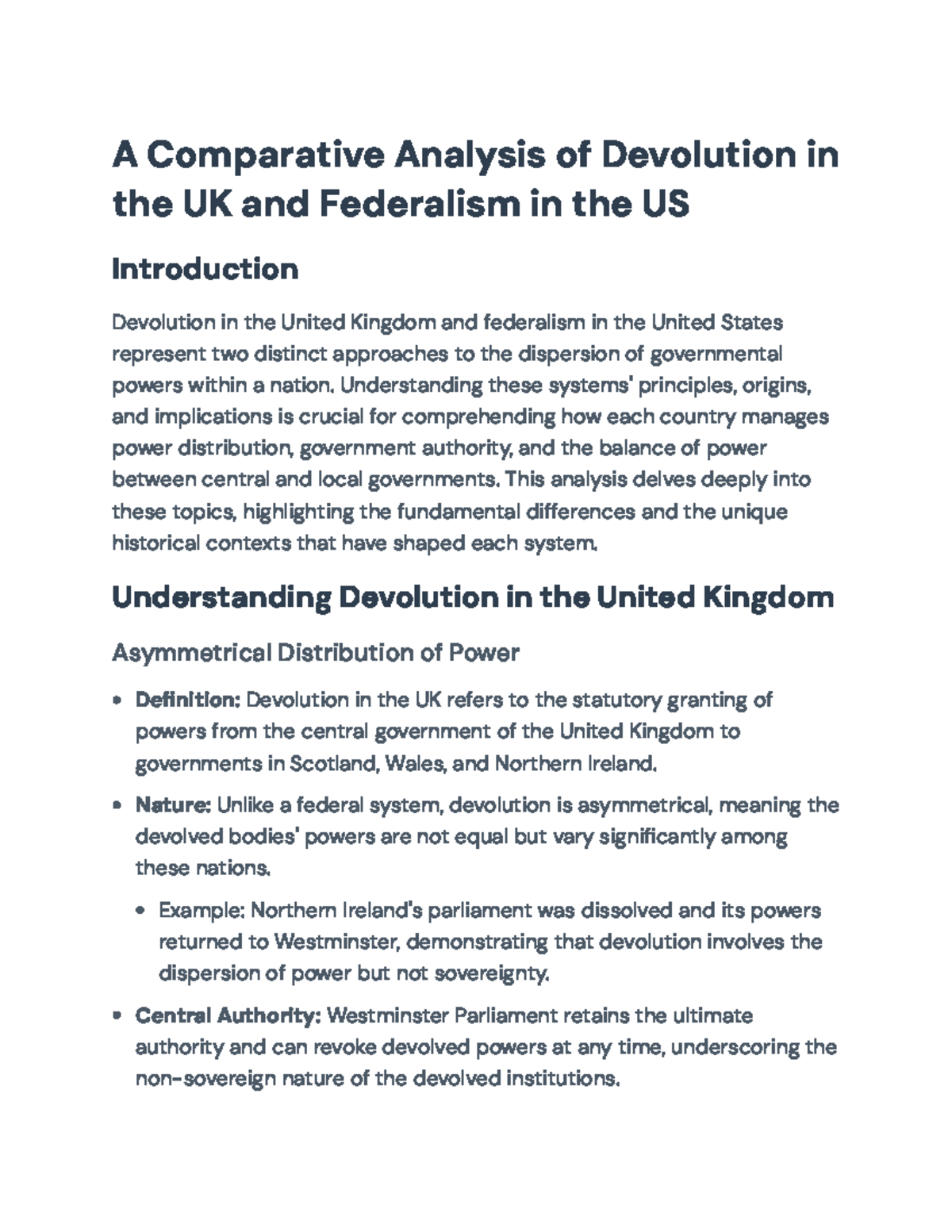 A Comparative Analysis of UK Devolution (POLI101) and US Federalism - A ...