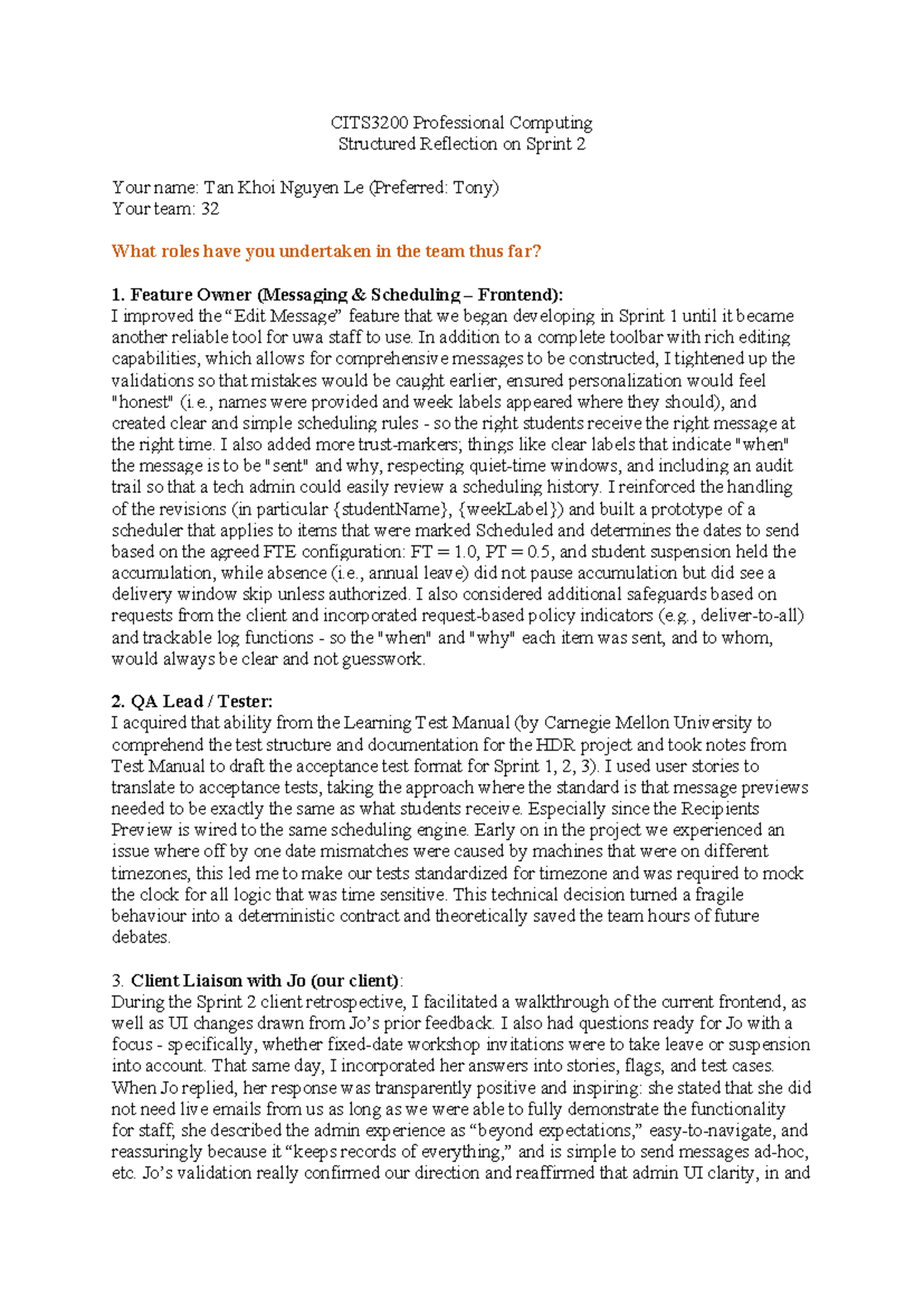 CITS3200 Professional Computing: Sprint 2 Reflection by Tony Le - Studocu