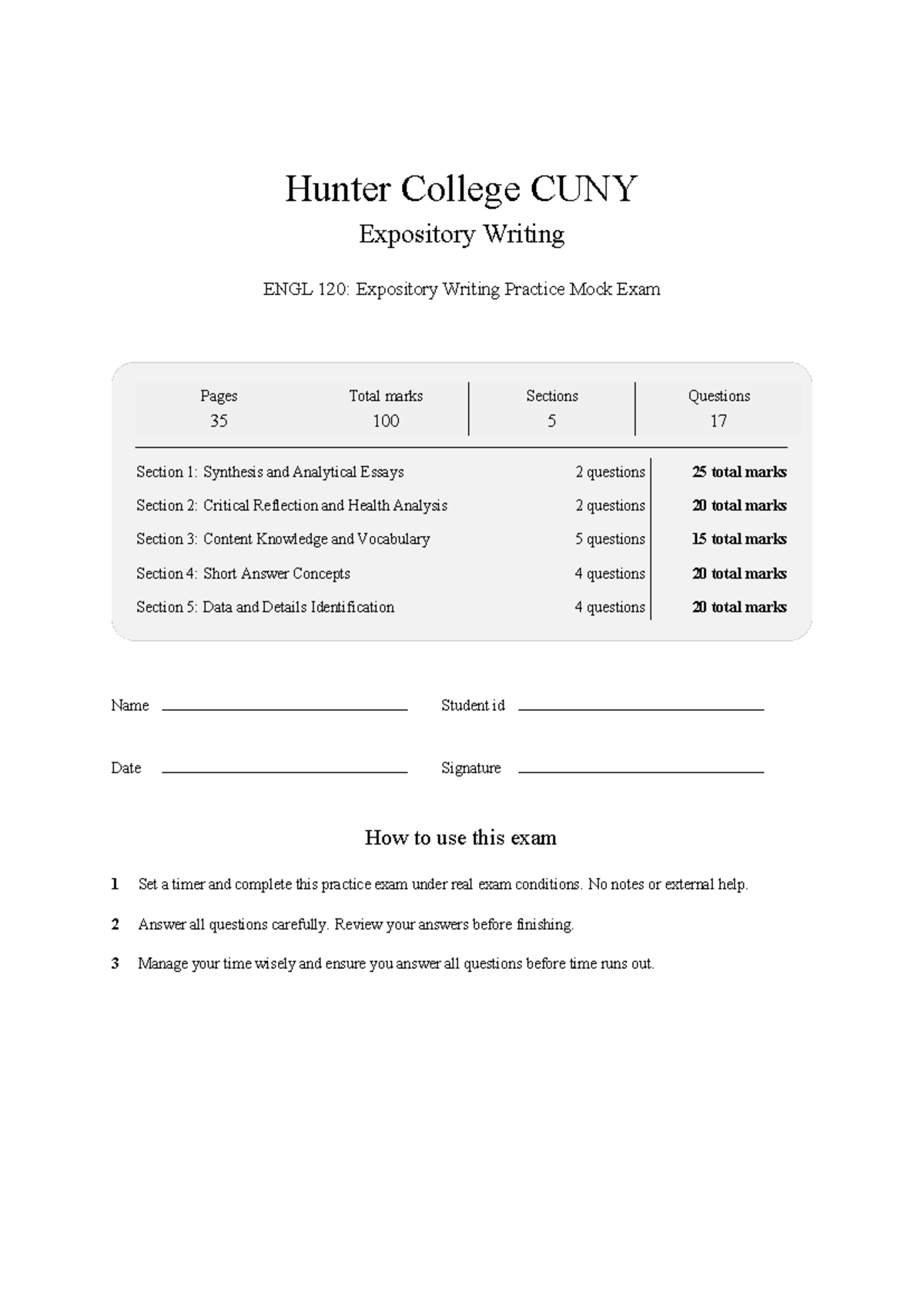 ENGL 120: Hunter College Expository Writing Practice Mock Exam 2026 ...