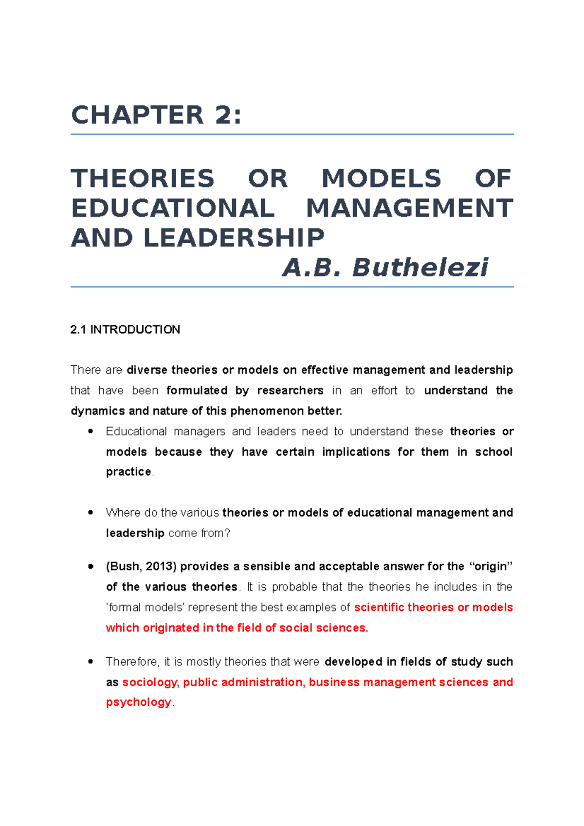 Theories and Models of Educational Management & Leadership (SC 101 ...