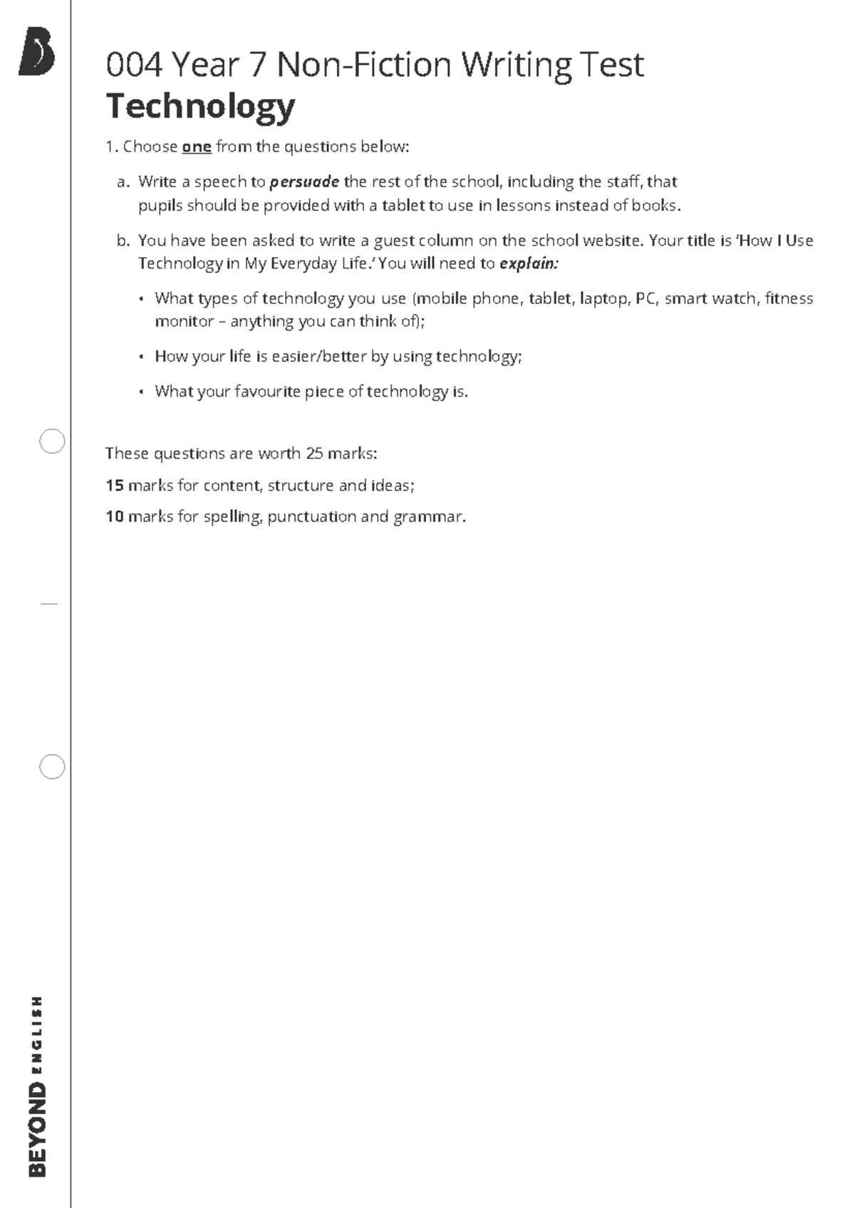 004 Year 7 Writing Test: Non-Fiction on Technology - Studocu