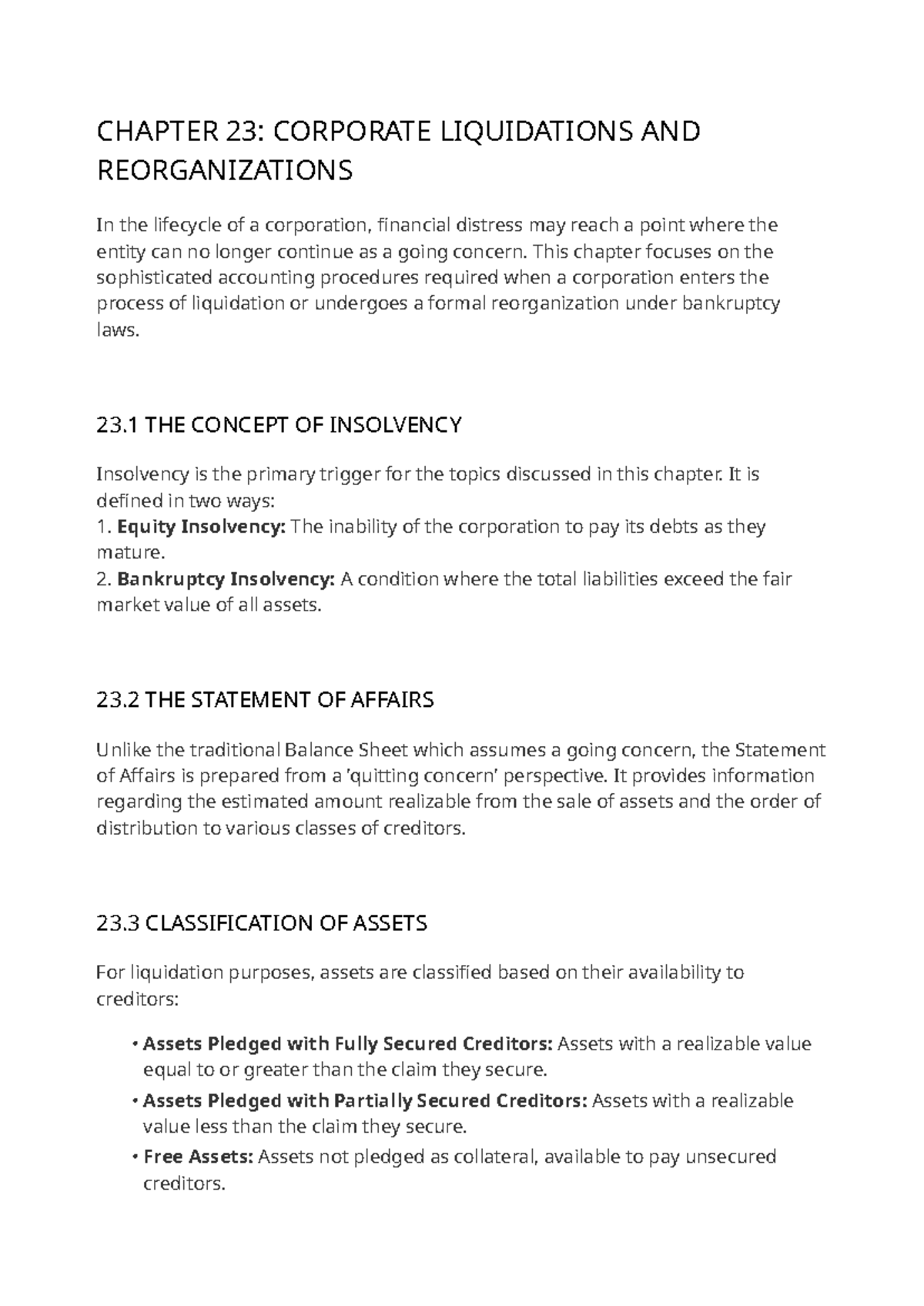 CHAPTER 23: CORPORATE LIQUIDATIONS & REORGANIZATIONS - Studocu