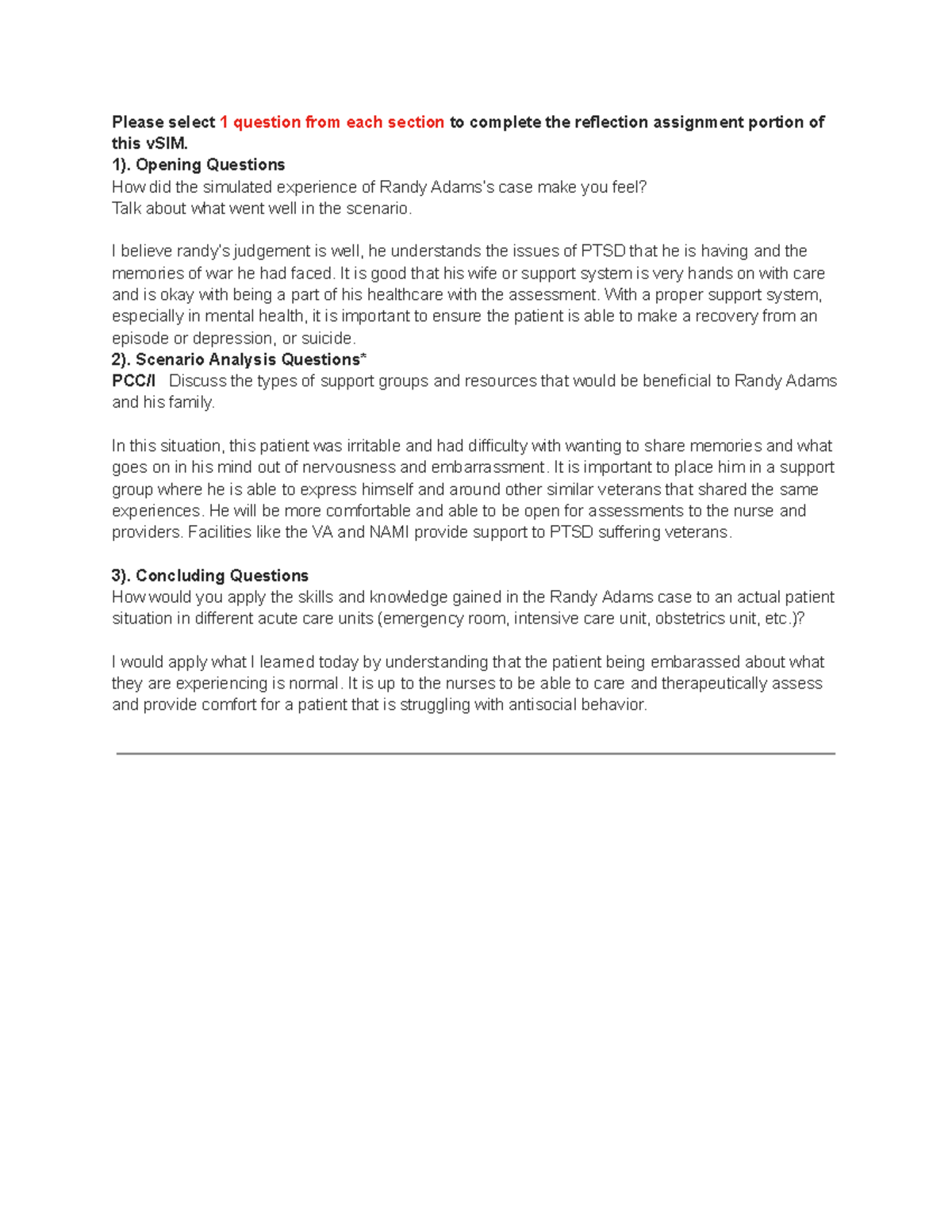 Adams Reflection Assignment: vSIM Case Study Analysis - Studocu
