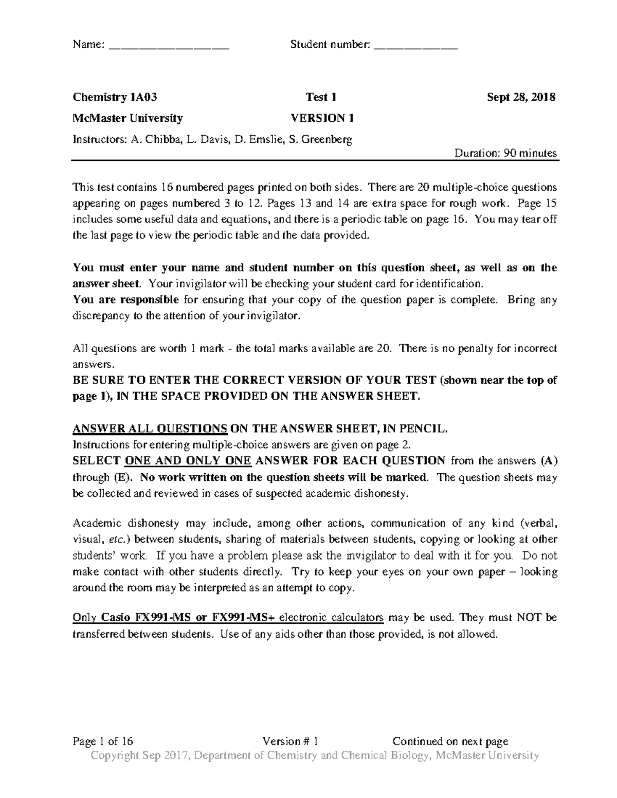 Chem 1A03 Test 1 - September 28, 2018 (Version 1) - Studocu