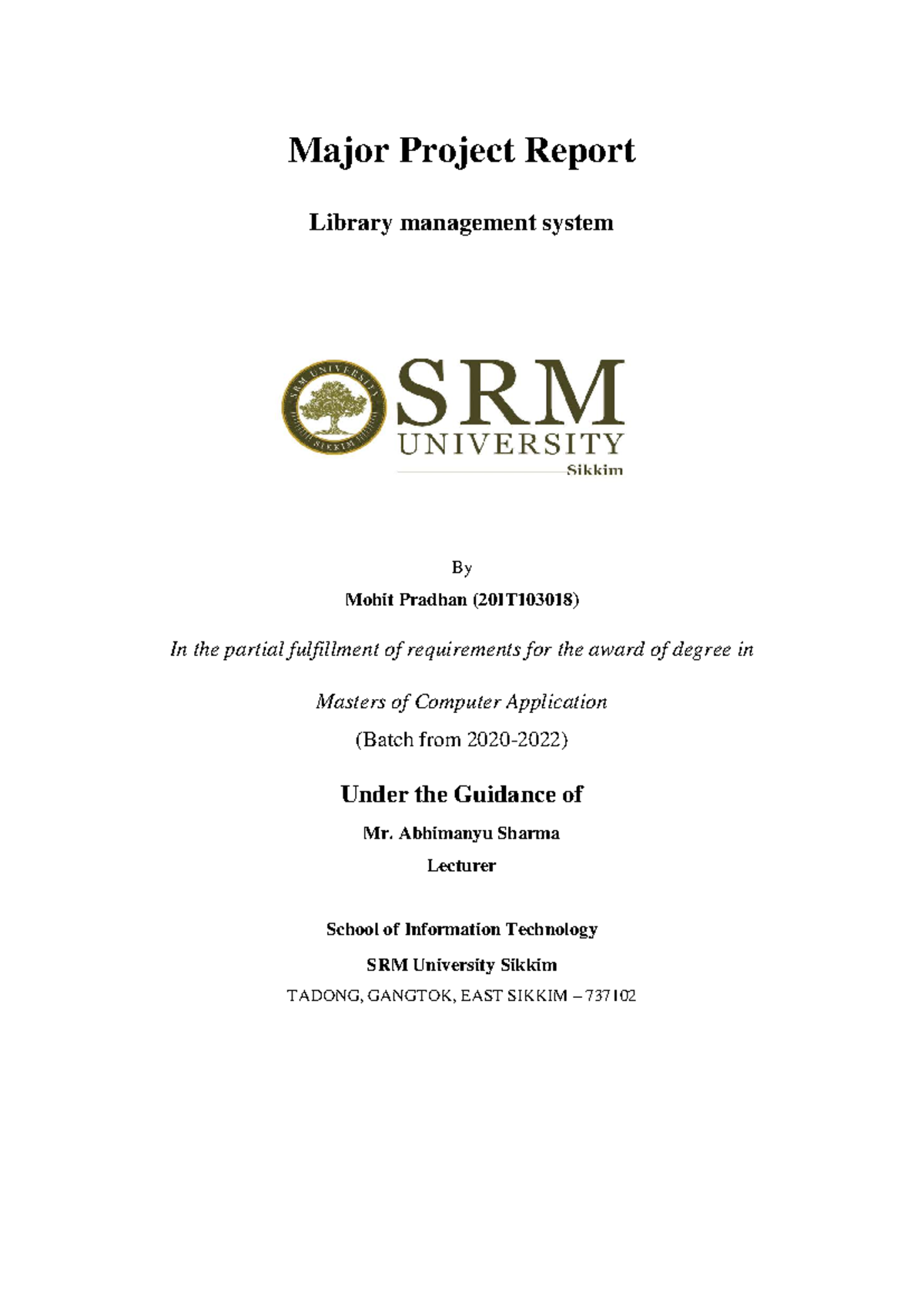 Library Management System Project Report - Mohit Pradhan (20IT103018 ...