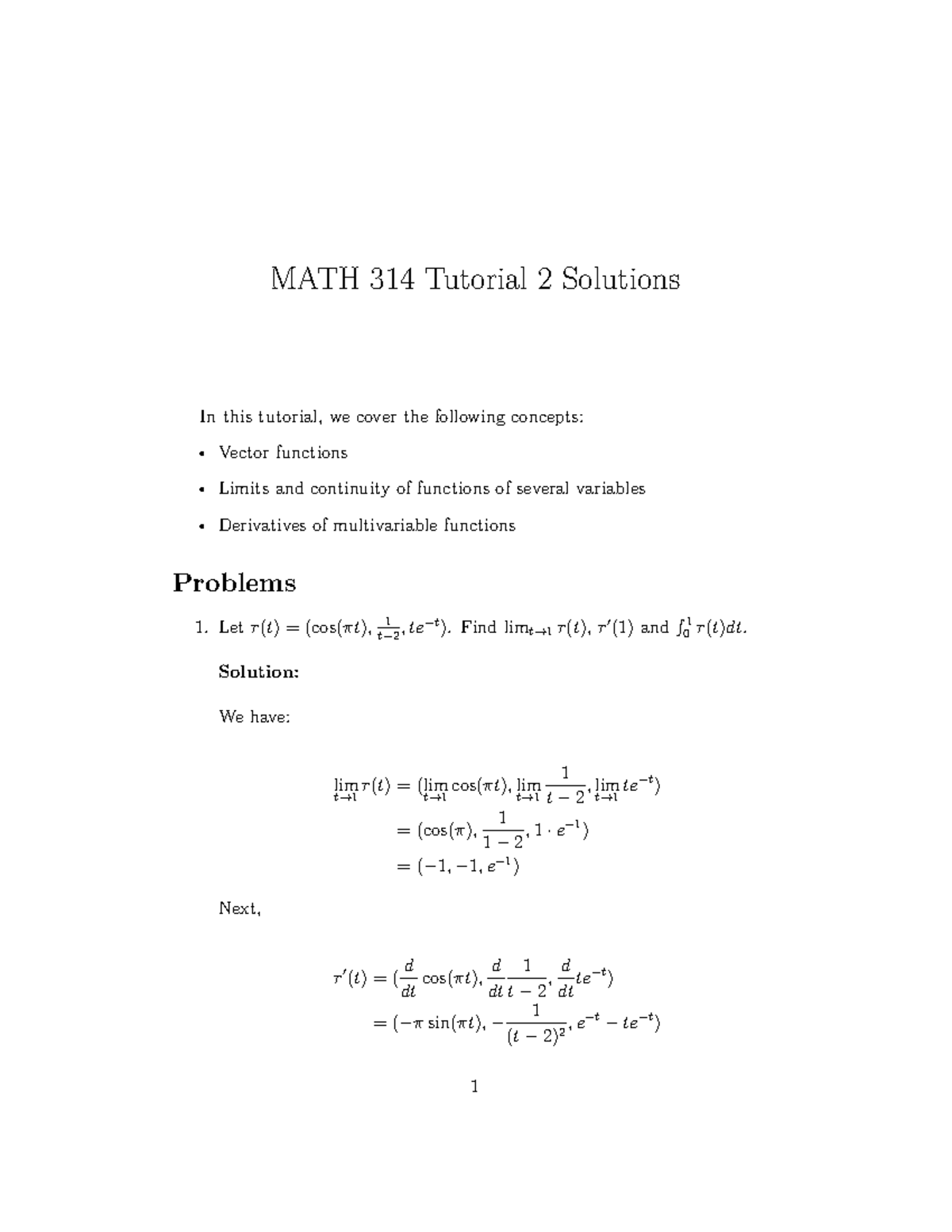MATH 314 Tutorial 2 Solutions: Vector Functions & Limits - Studocu