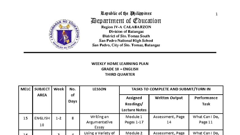 Q3 Weekly Home Learning Plan for Grade 10 English (ENG10) - Studocu