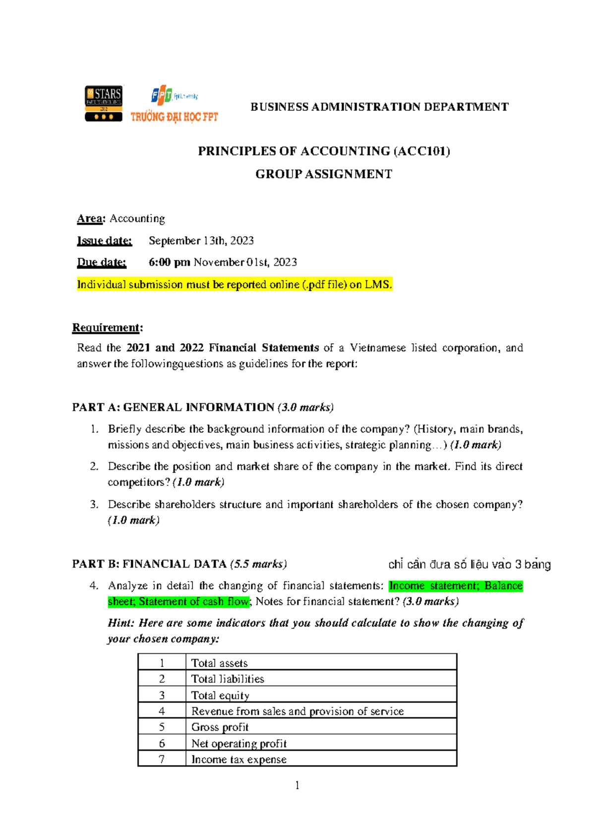 FA23 ACC101 Group Assignment: Analysis of Financial Statements - Studocu