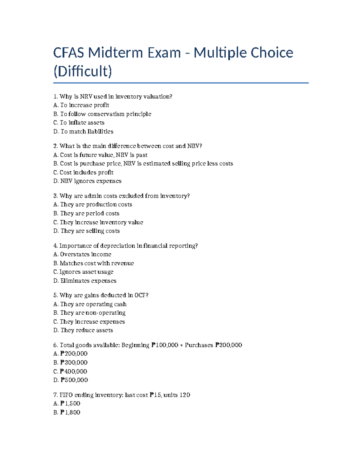CFAS Midterm Exam MCQs on Inventory Valuation and Financial Reporting ...