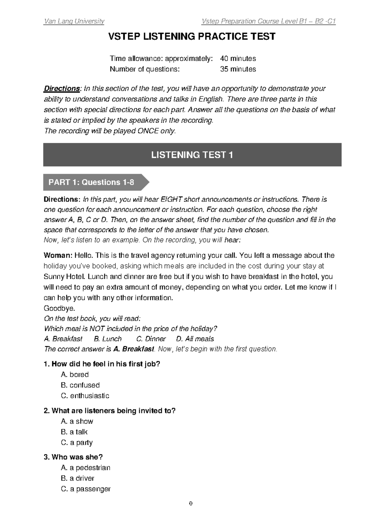 VSTEP Listening Practice Test - Level B1-B2 - Van Lang University - Studocu