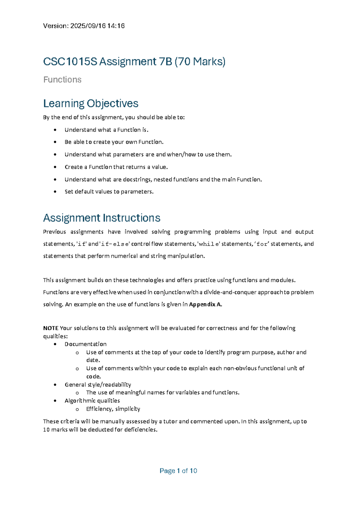 CSC1015S Assignment 7B: Functions and Programming Concepts - Studocu