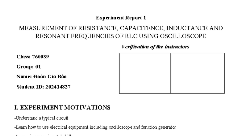 Experiment Report 1: RLC Circuit Measurements (Course Code: 760039 ...