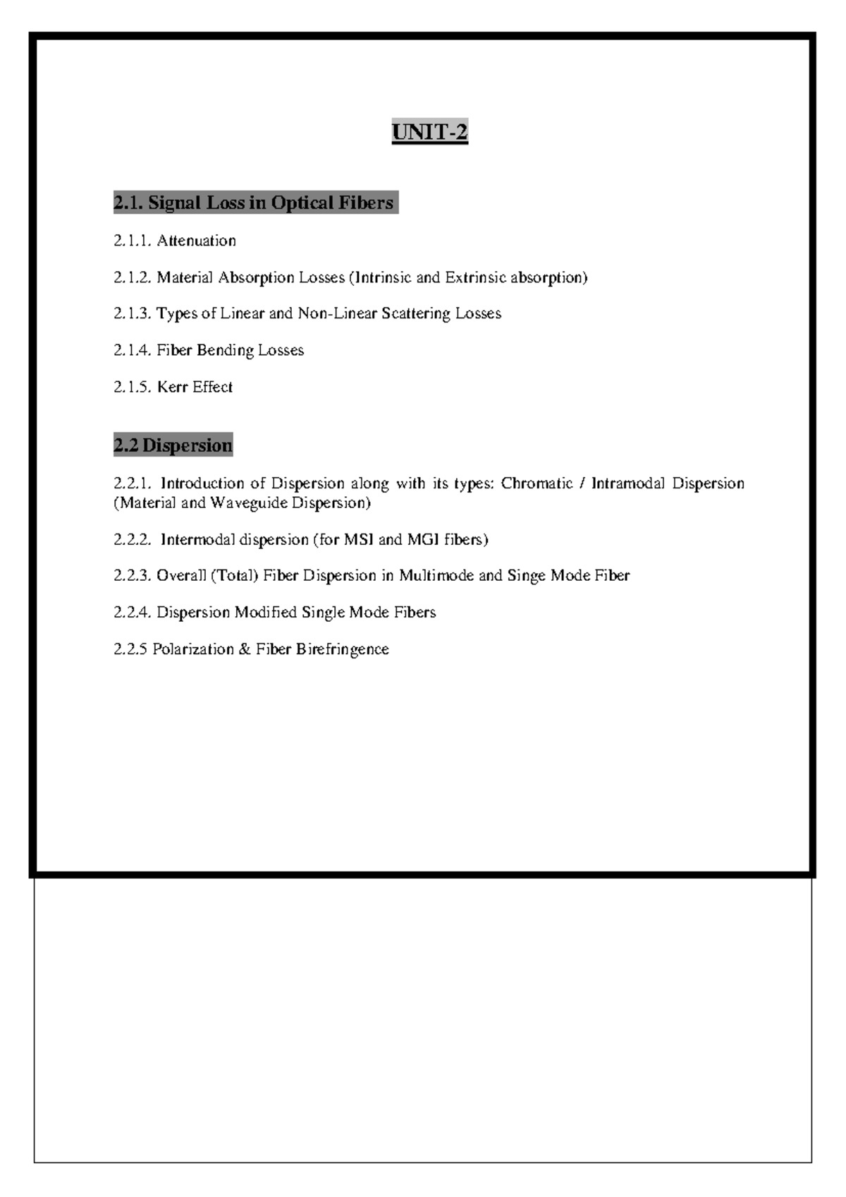 Unit-2 - BEC-057: Signal Loss in Optical Fibers and Dispersion Analysis ...