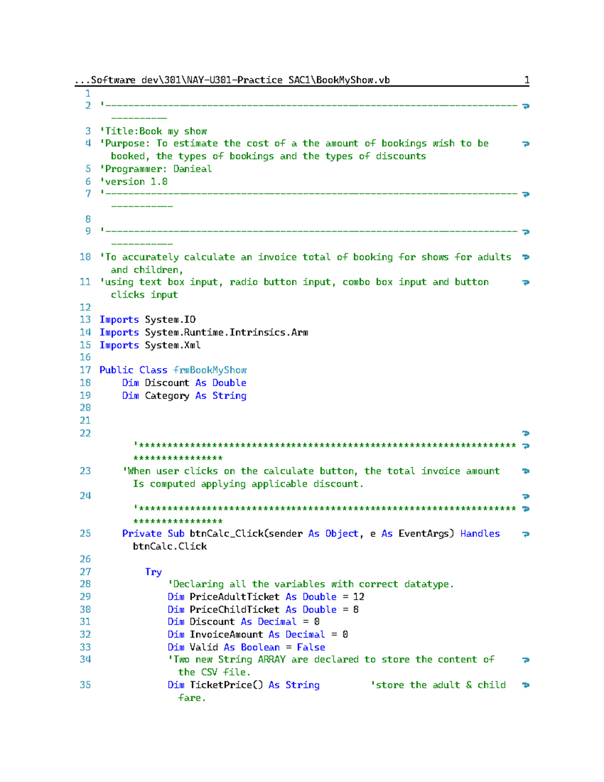 APC SAC 1 - Booking System Invoice Calculation Code - Studocu