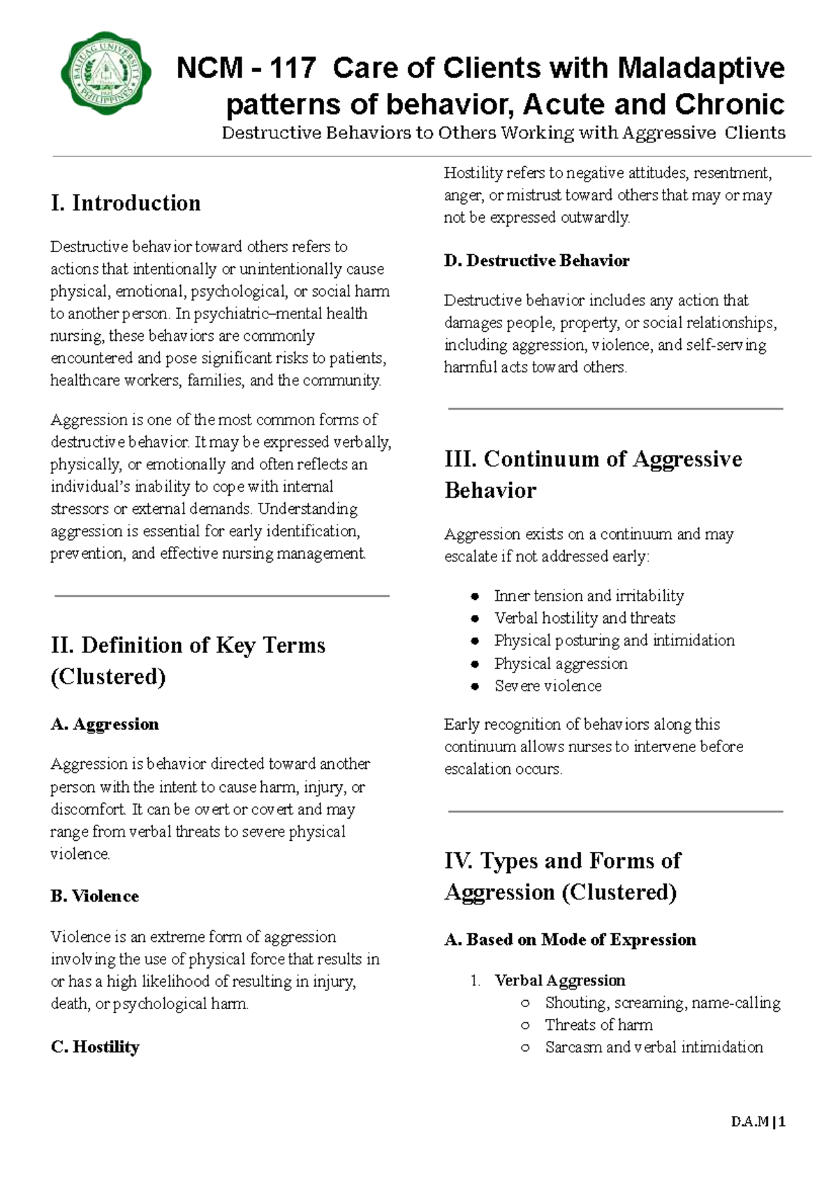 NCM 117 Final Exam Notes: Care of Clients with Aggressive Behaviors ...
