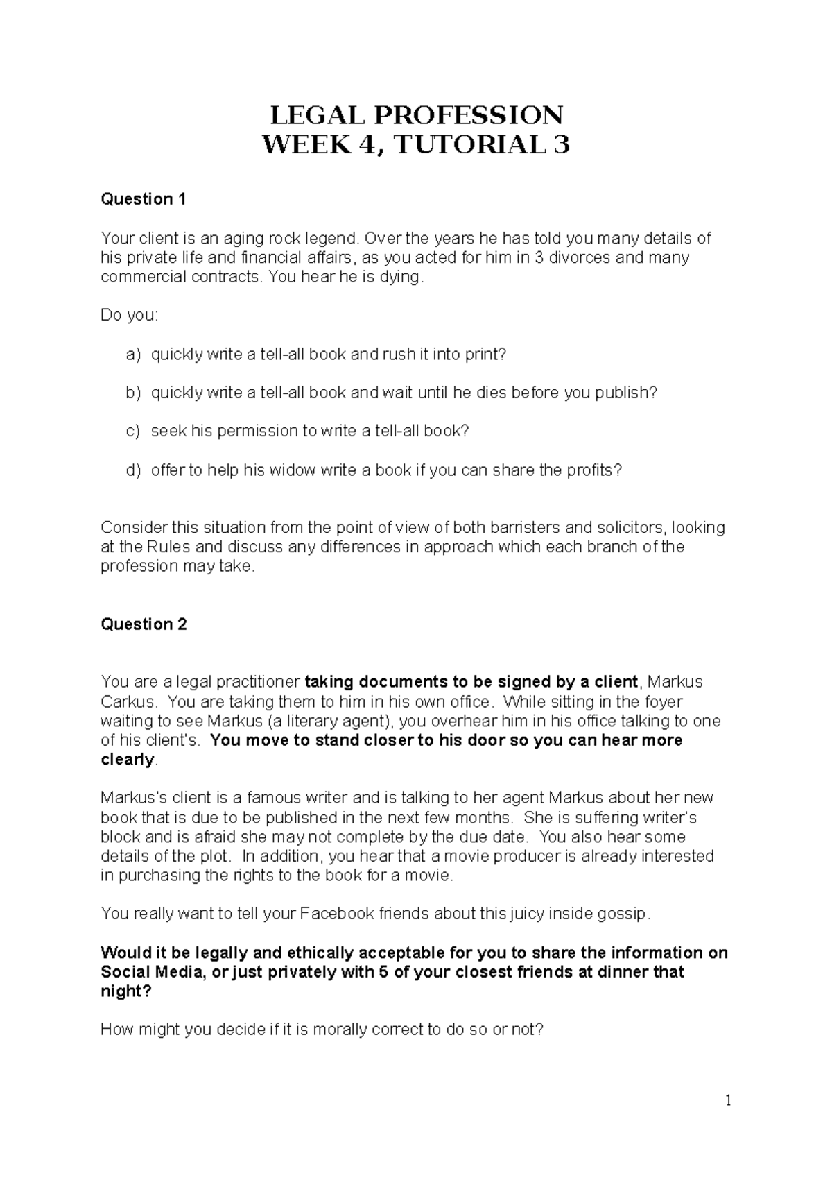 Legal Profession Tutorial Week 4: Ethics and Privilege in Practice ...