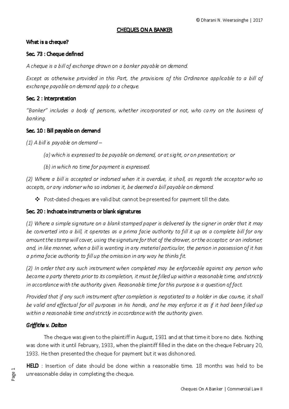 Cheques - Key Legal Principles and Case Summaries (Law 101) - Studocu