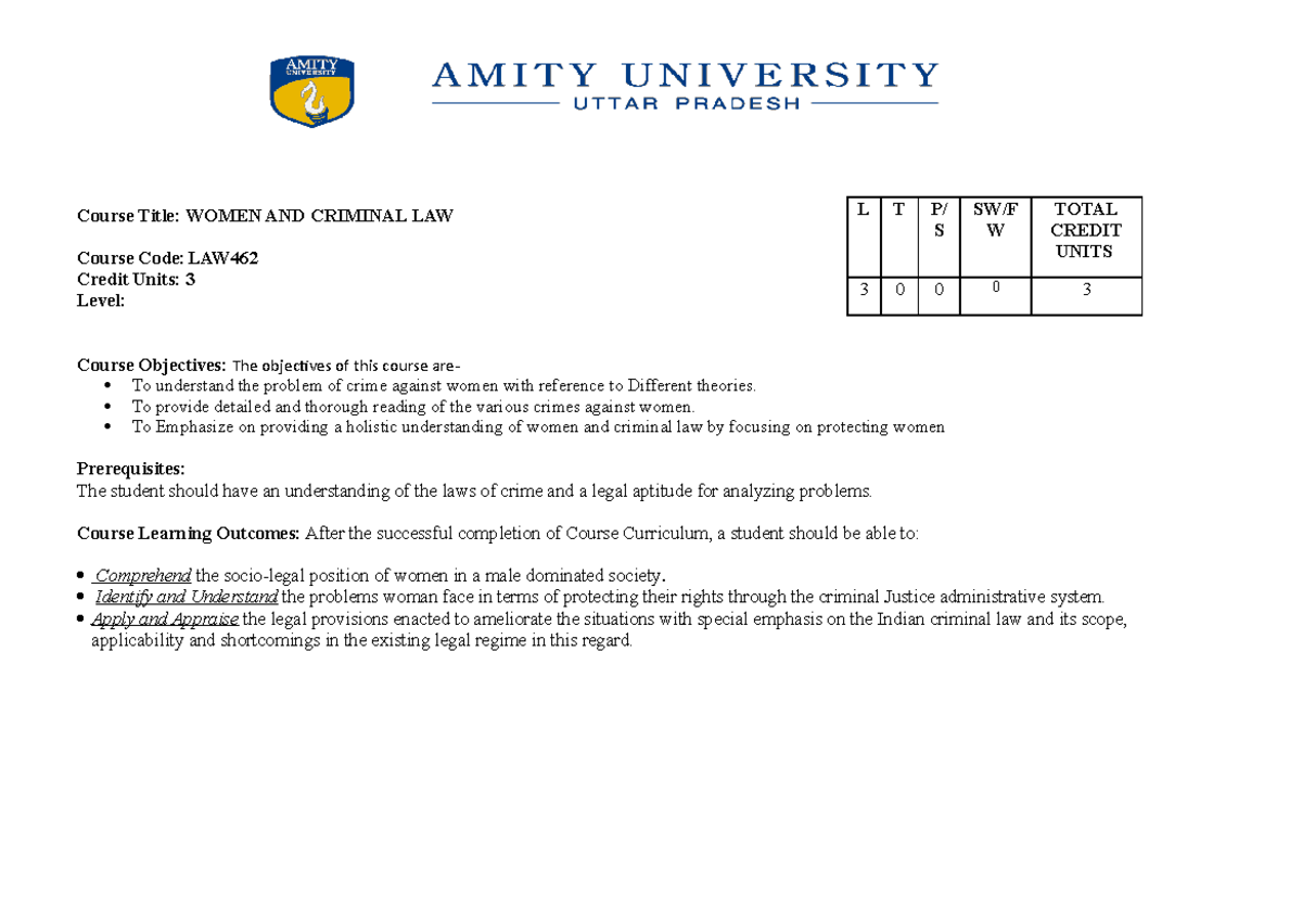 New Syllabus 125520207991025 - Course Title: WOMEN AND CRIMINAL LAW ...