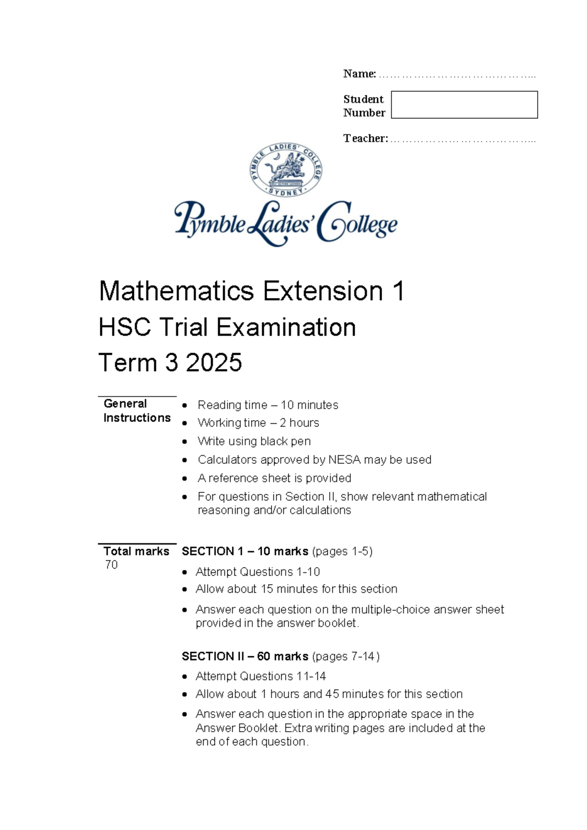 2025 HSC Mathematics Extension 1 Trial Exam Paper - Studocu