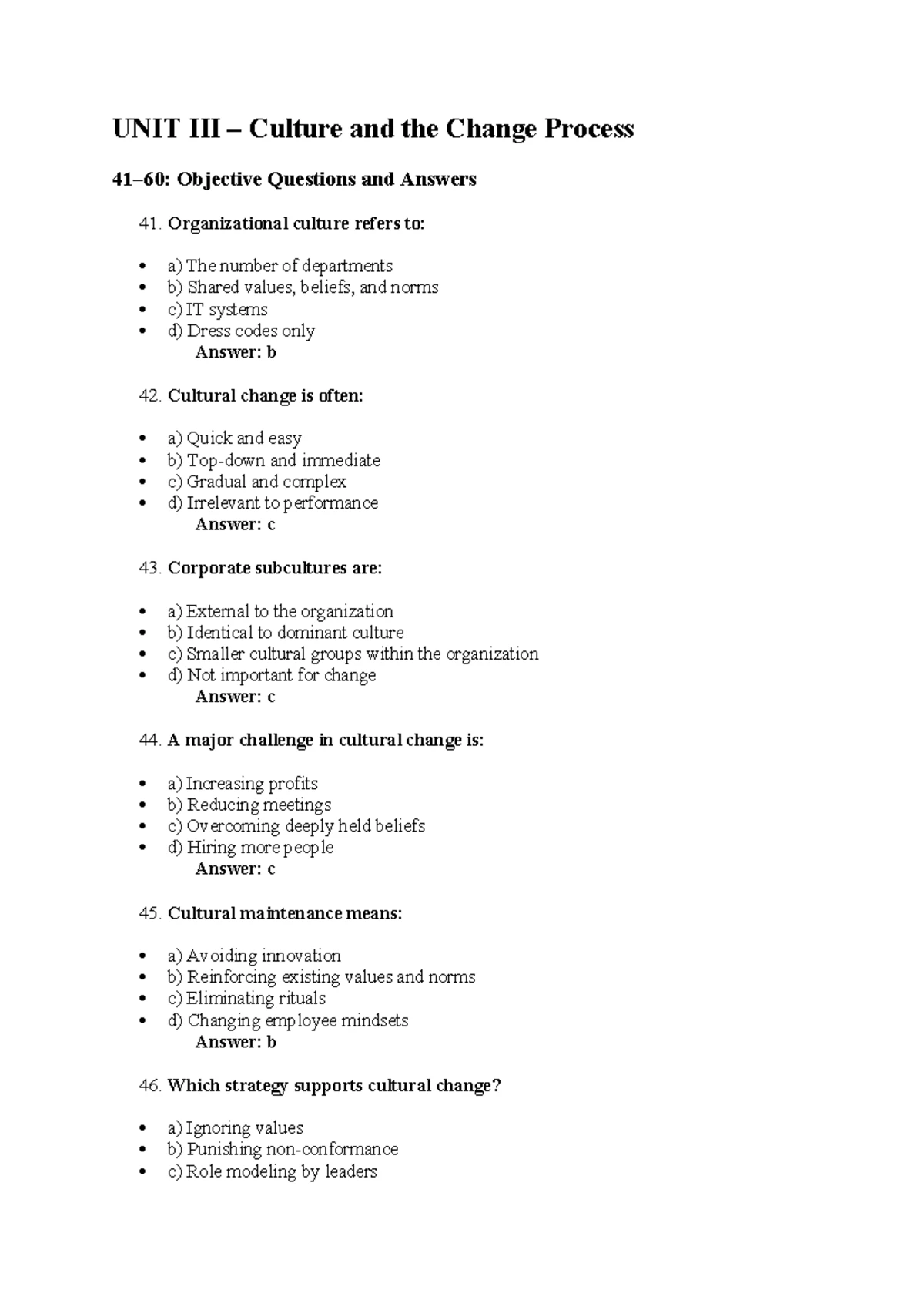 UNIT I Change Management: Objective Q&A on Concepts & Types - Studocu