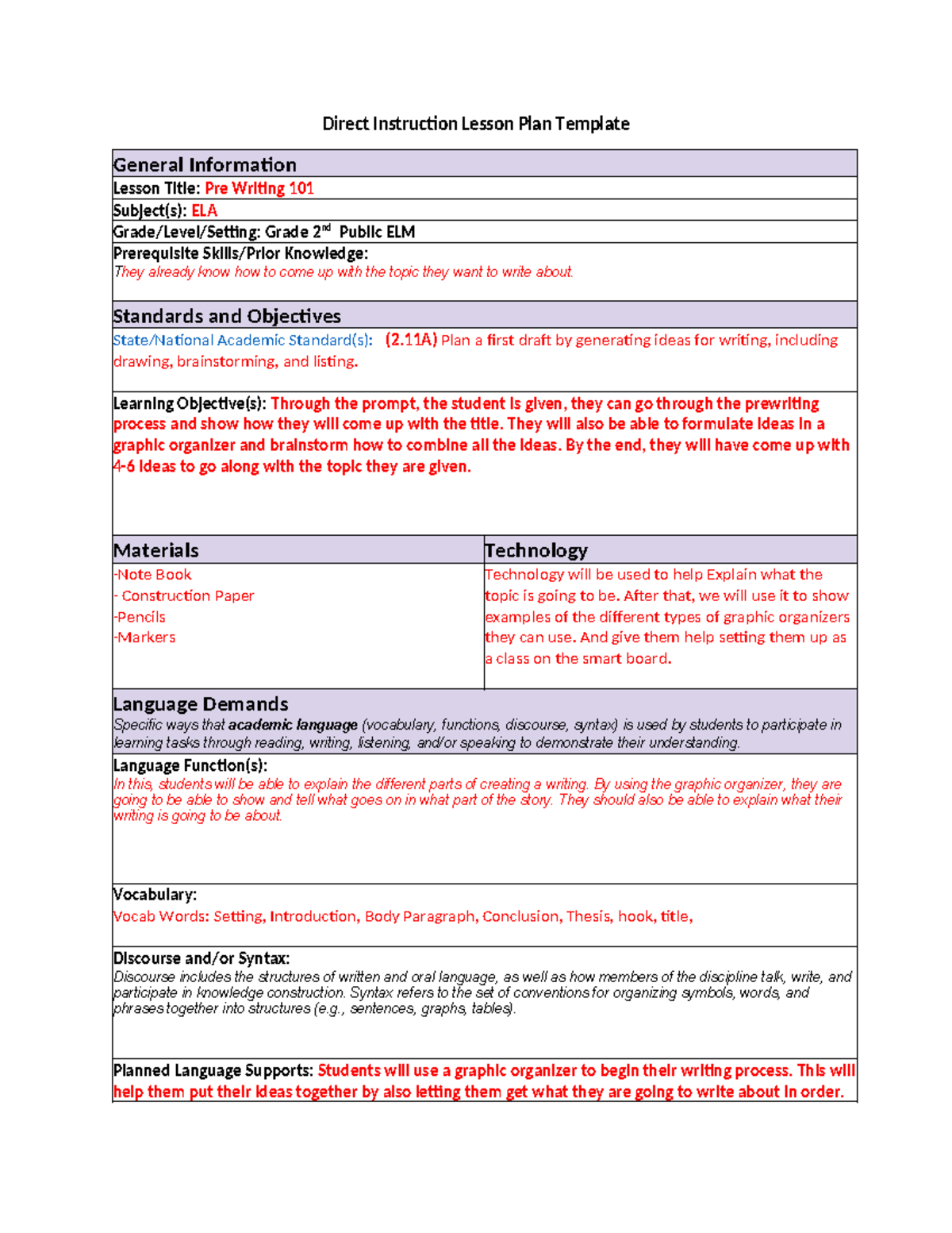 ELA Lesson plan - Direct Instruction Lesson Plan Template General ...