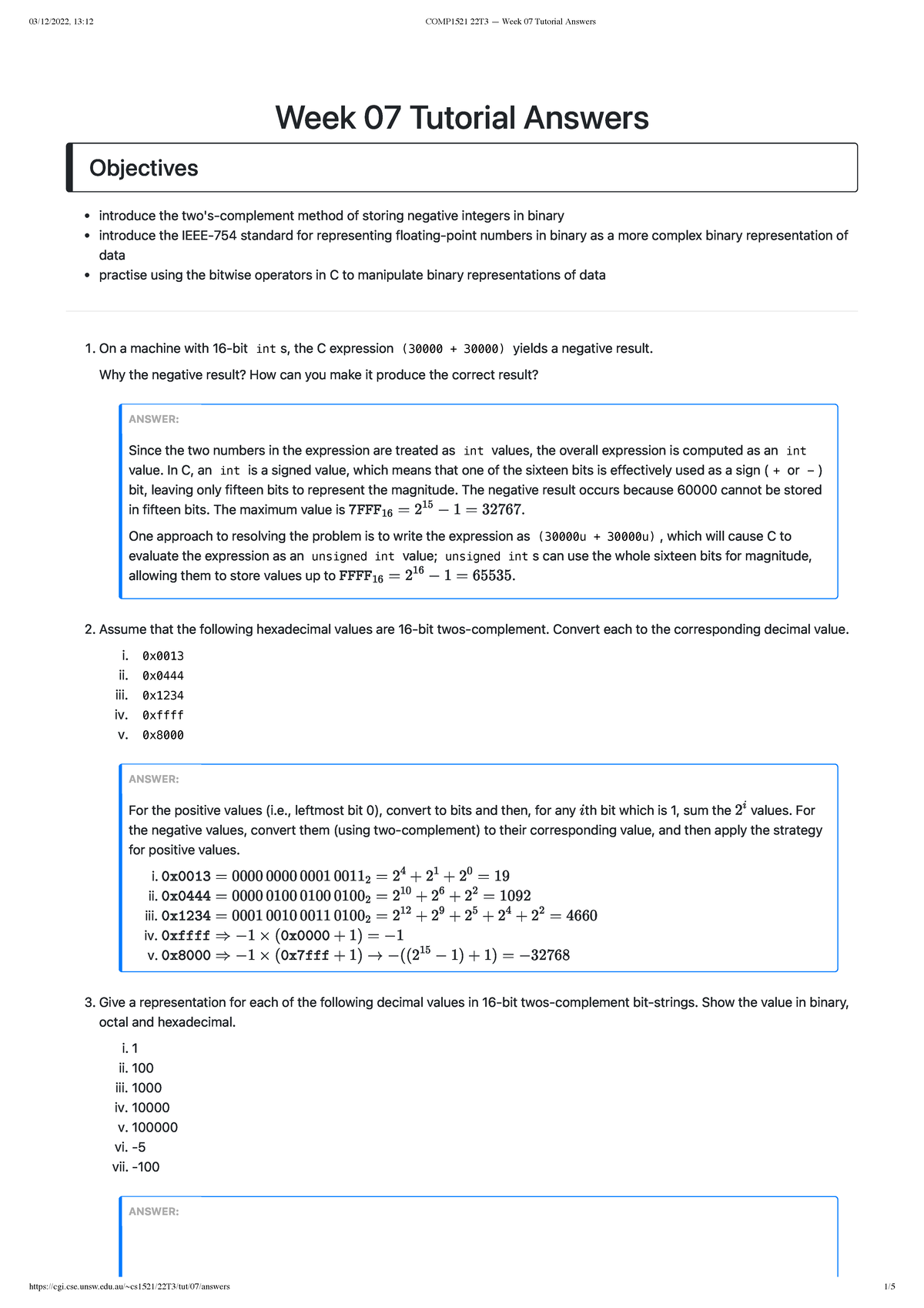 COMP1521 22T3 — Week 07 Tutorial: Two's-Complement & Bitwise Ops - Studocu