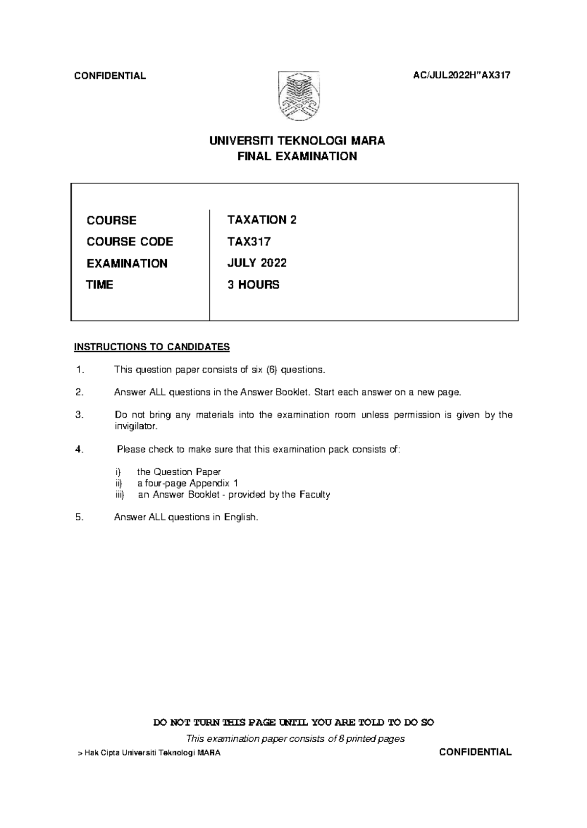 Final Exam - MAF251 - Taxation 2 - July 2022 Question Paper - Studocu