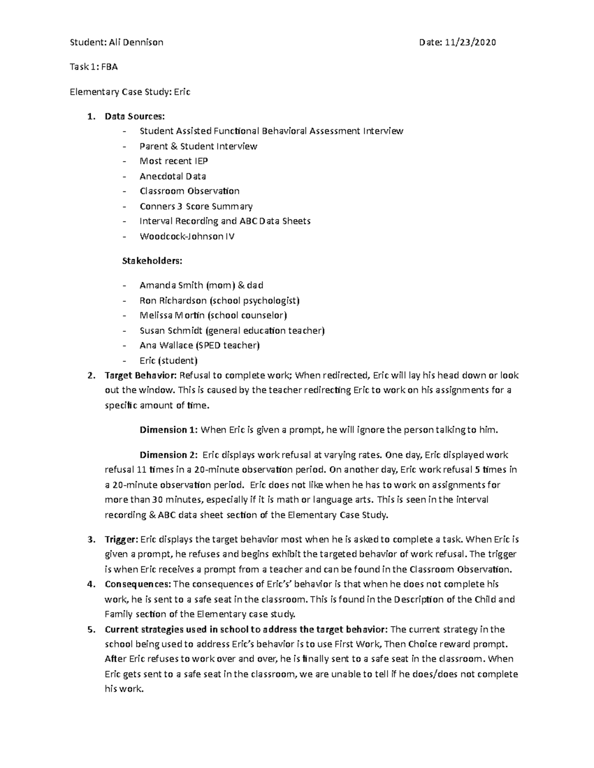 D001 Task 1: Functional Behavioral Assessment Case Study of Eric - Studocu