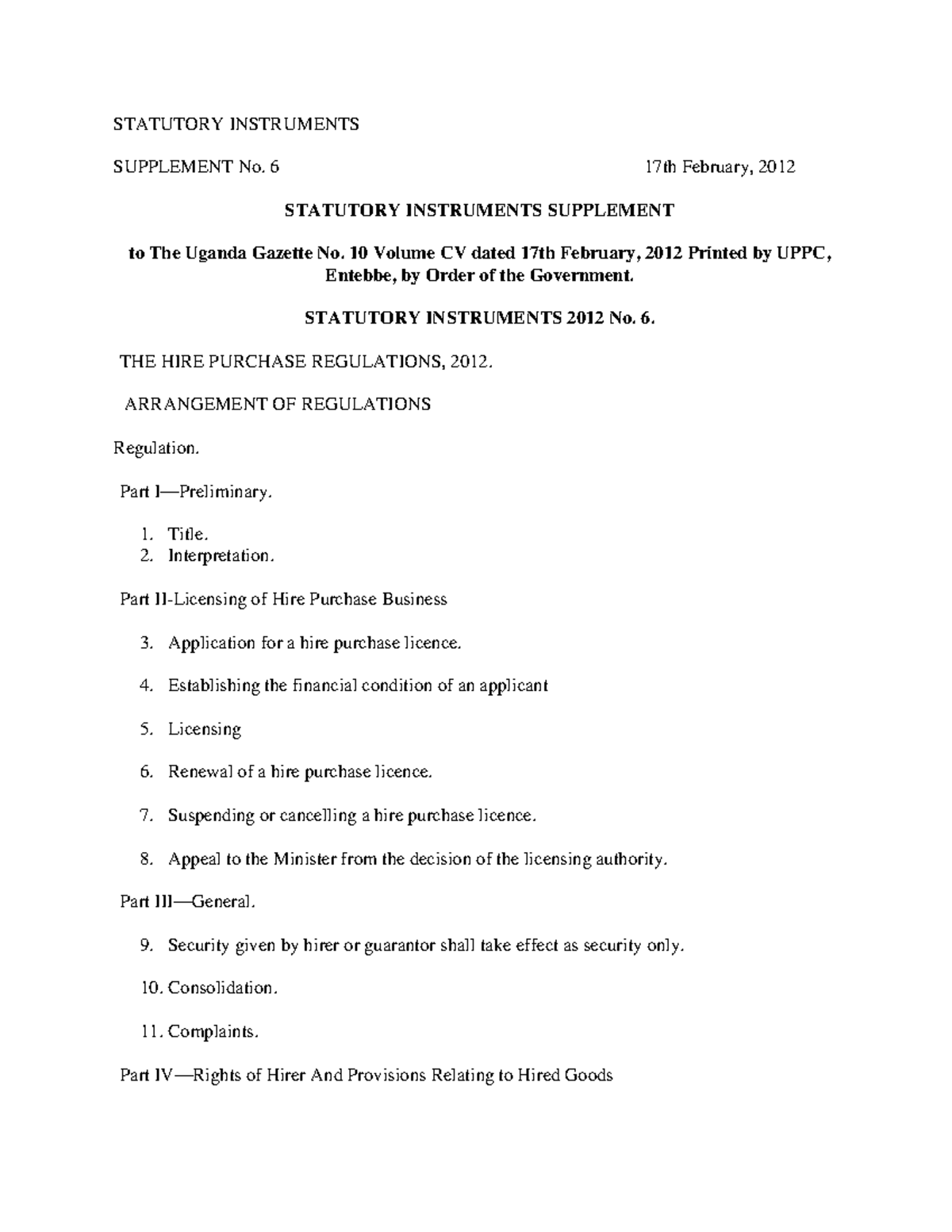 Hire Purchase Regulations 2012 - Statutory Instruments Supplement No. 6 ...
