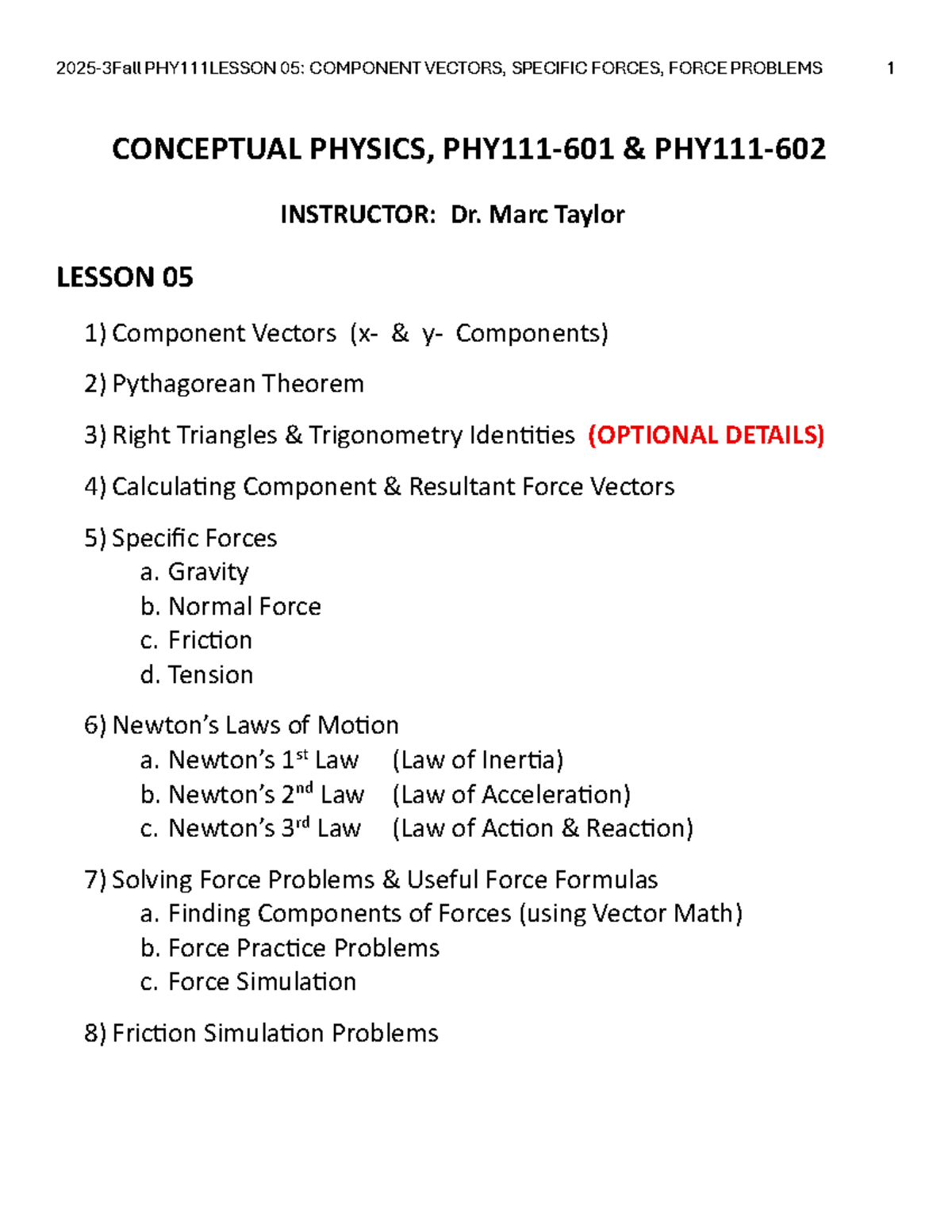 2025 Fall PHY111 Lesson 05: Component Vectors & Specific Forces - Studocu
